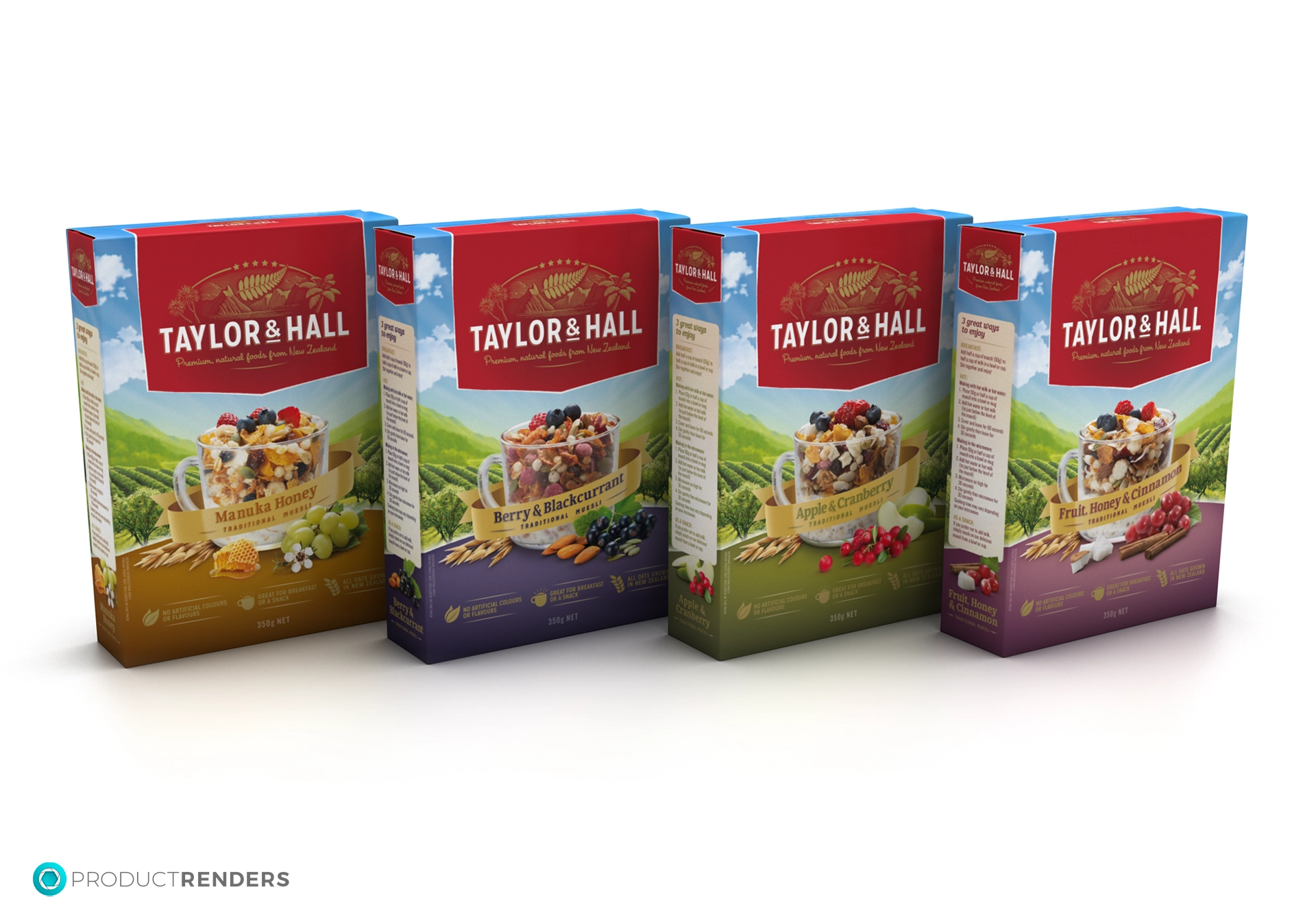 Four boxes of Taylor & Hall cereal: Manuka Honey, Berry & Blackcurrant, Apple & Cranberry, and Fruit Honey & Cinnamon.