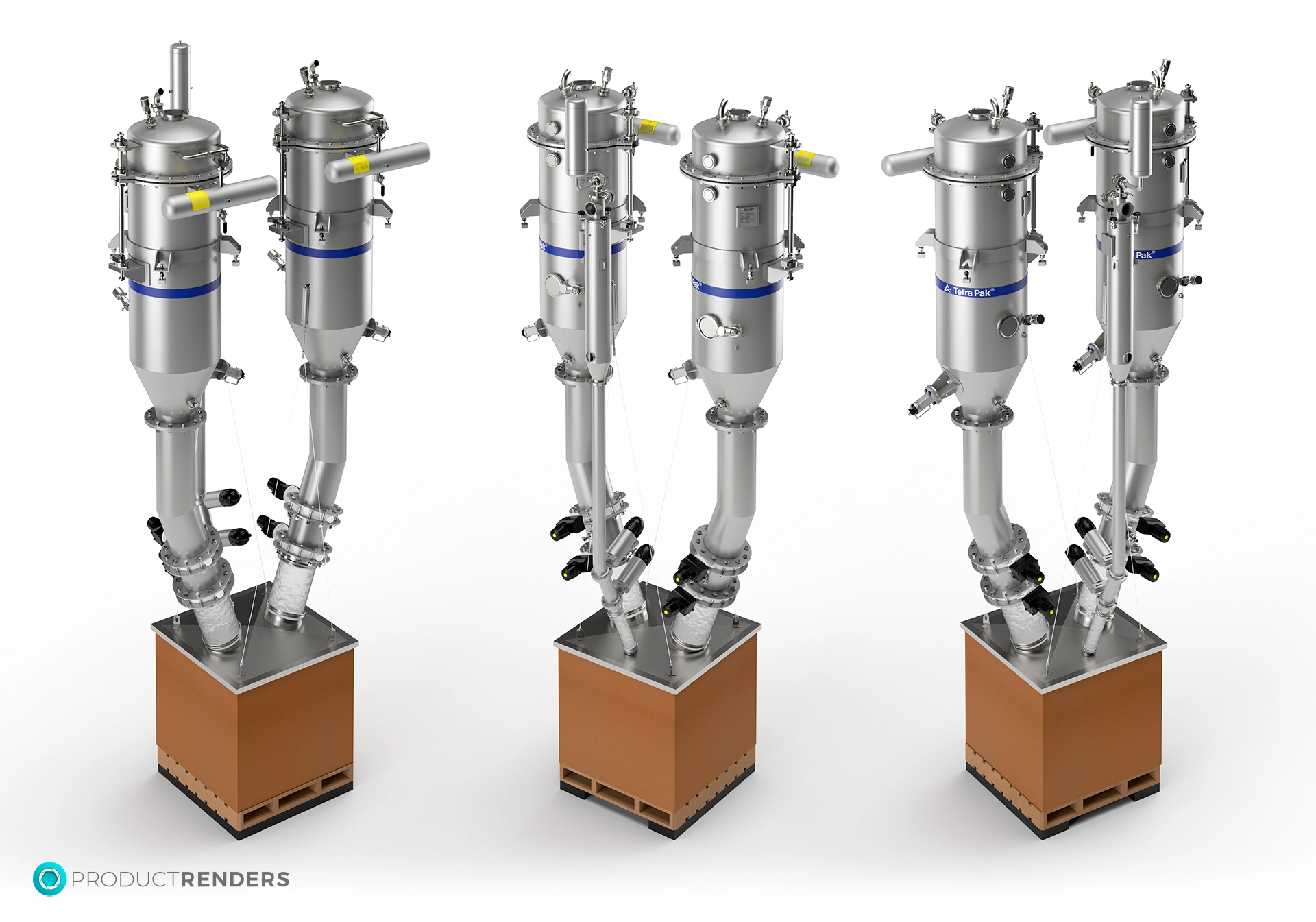 Three TetraPak machines with tanks and pipes, on wooden pallets.