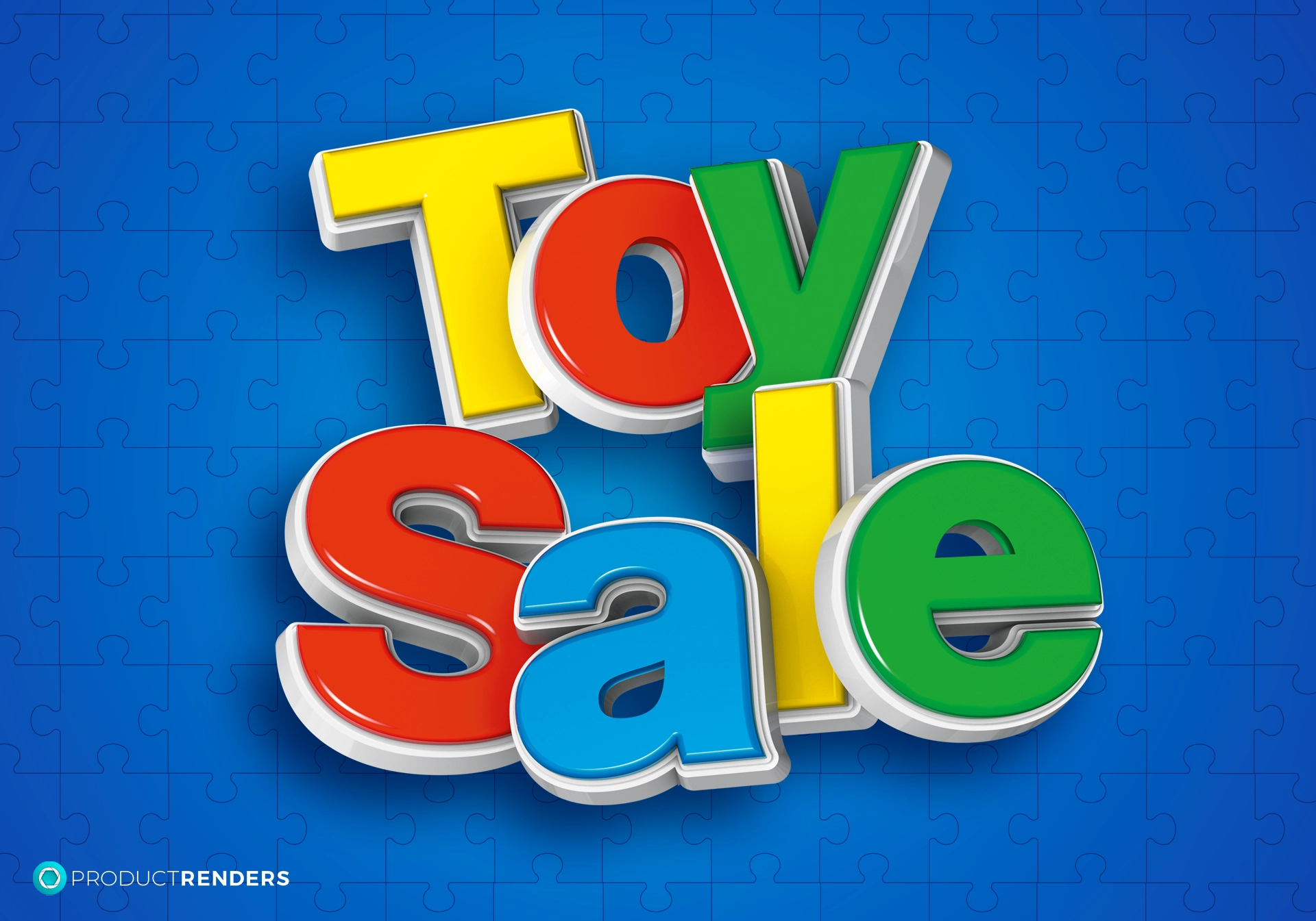 The words "TOY SALE" in colourful 3D letters on a blue puzzle background.