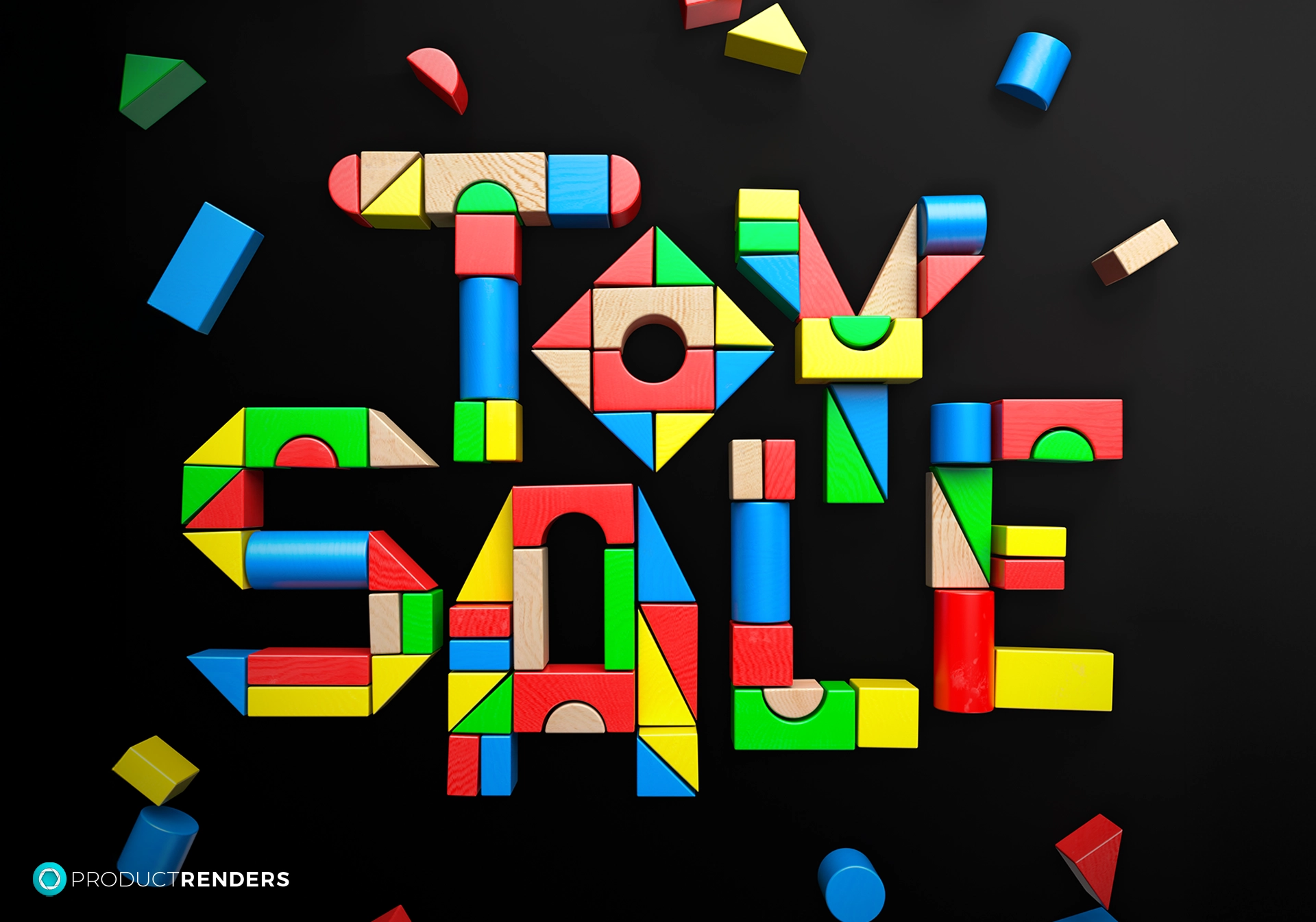 The words "TOY SALE" spelled out with colourful wooden blocks.