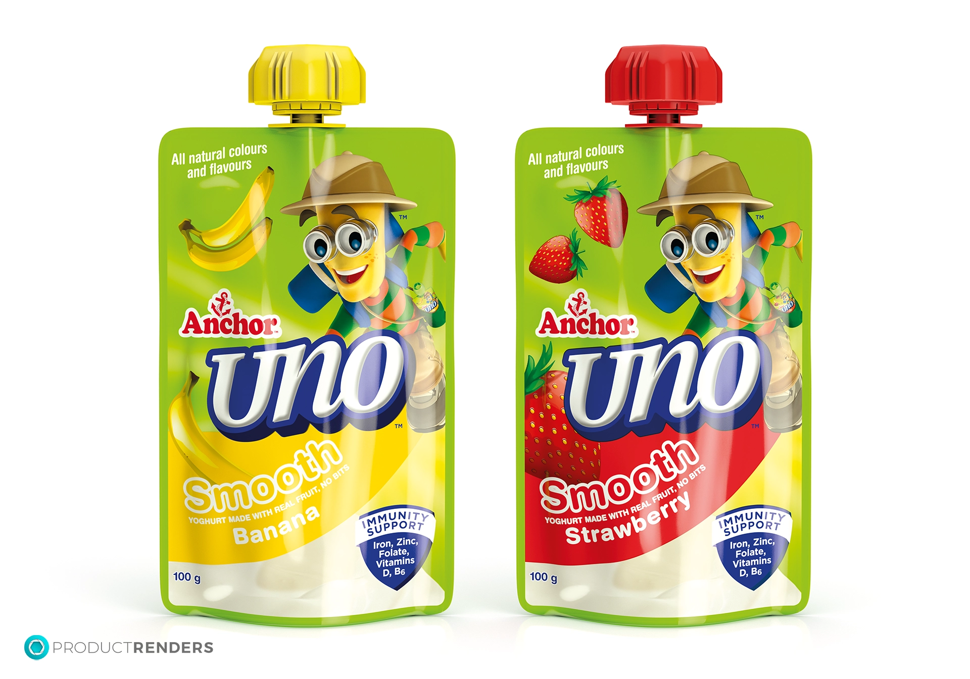 Two pouches of Anchor Uno Smooth yogurt: one banana and one strawberry.