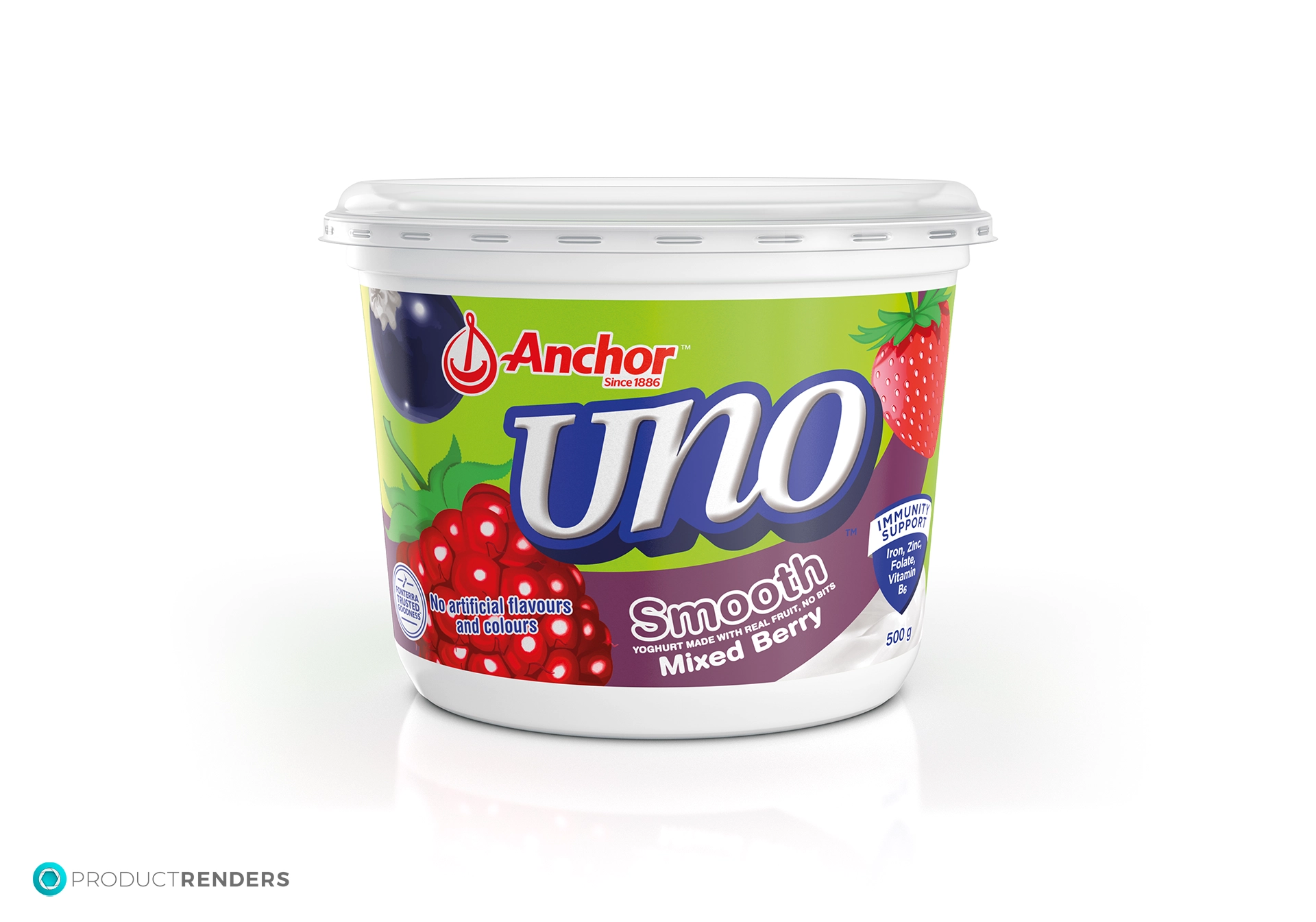 A tub of Anchor Uno Smooth Mixed Berry Yogurt.