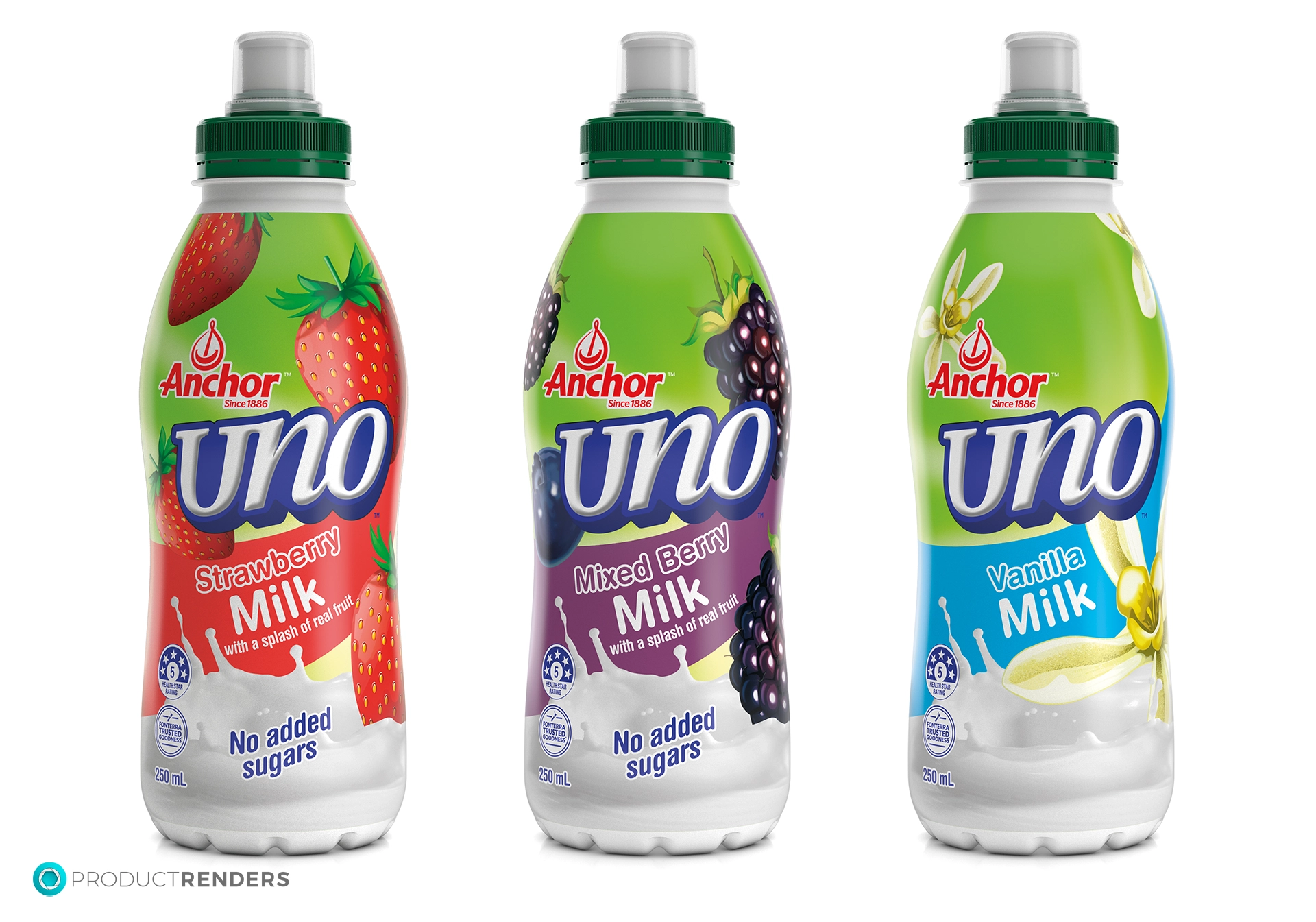 Three bottles of Anchor Uno milk: Strawberry, Mixed Berry, and Vanilla.