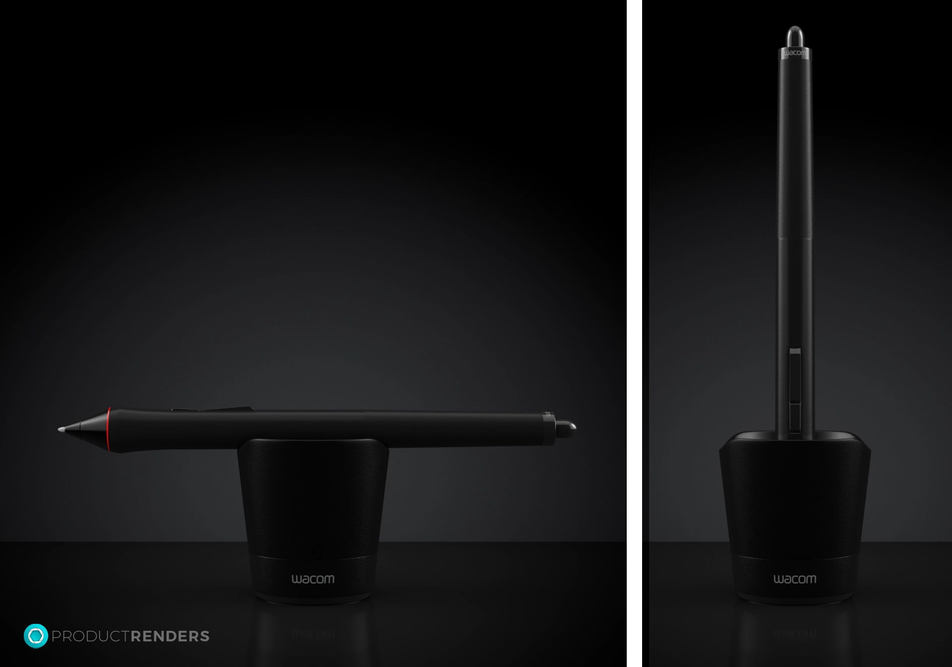 A black Wacom stylus pen and holder.