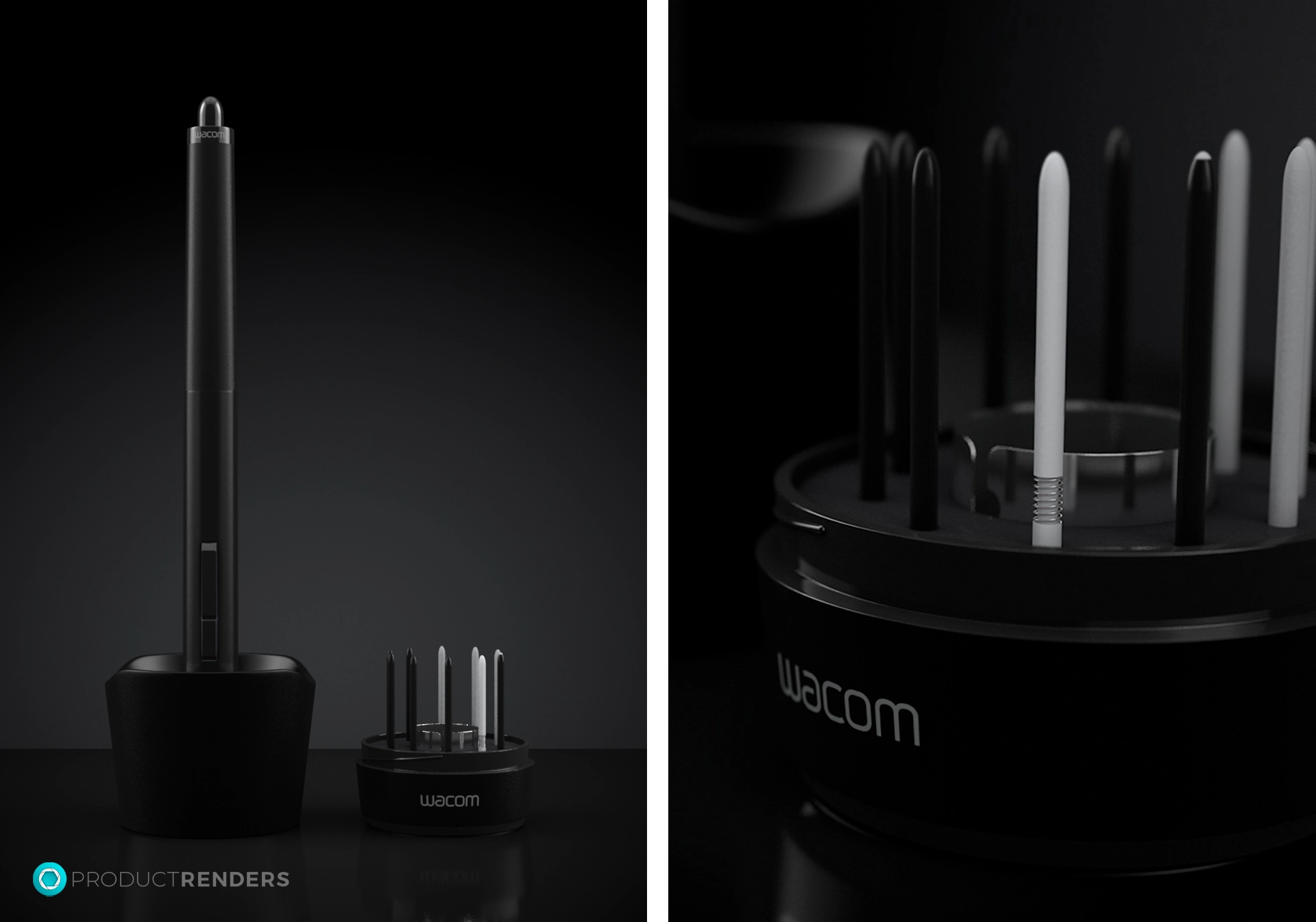 A black Wacom stylus pen and holder with a variety of nibs.