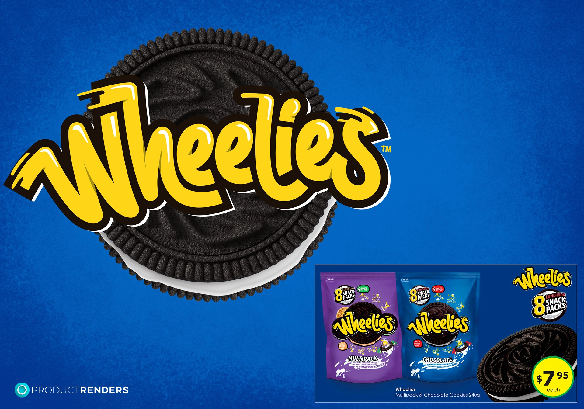 The Wheelies logo with a giant cookie, and two smaller packages of Wheelies cookies.