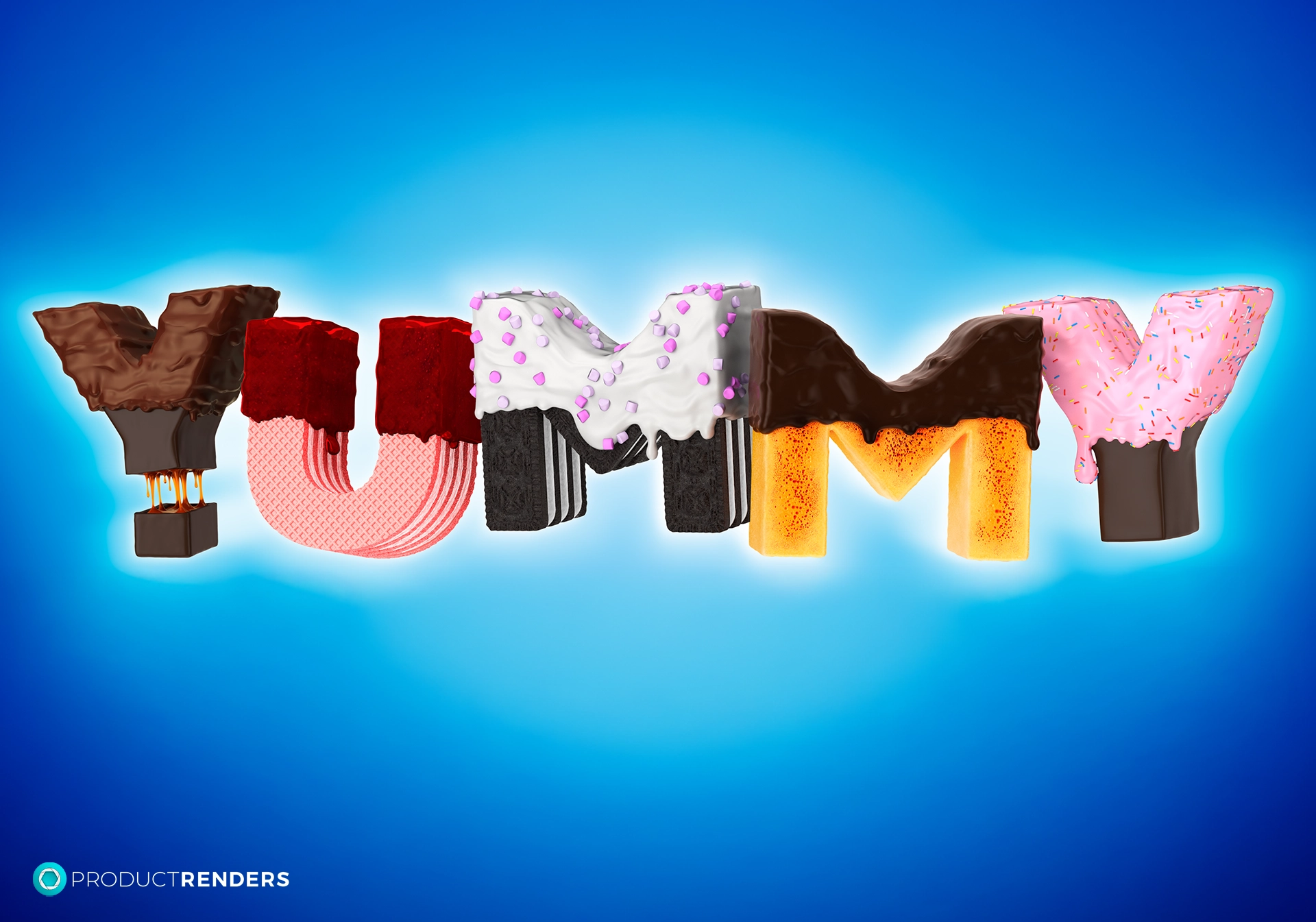 The word "YUMMY" spelled out with different types of food, including chocolate, sprinkles, and waffles.