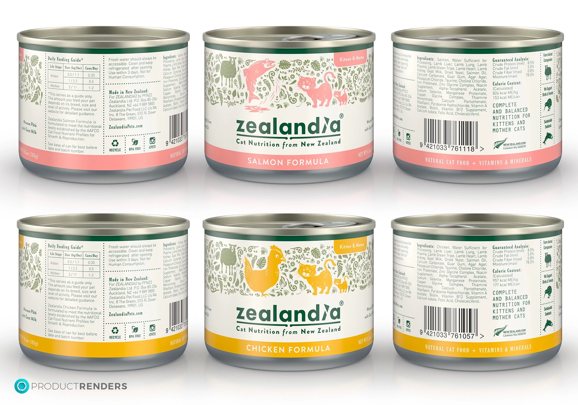 Six cans of Zealandia cat food, three salmon and three chicken, showing the front and back of each flavour.