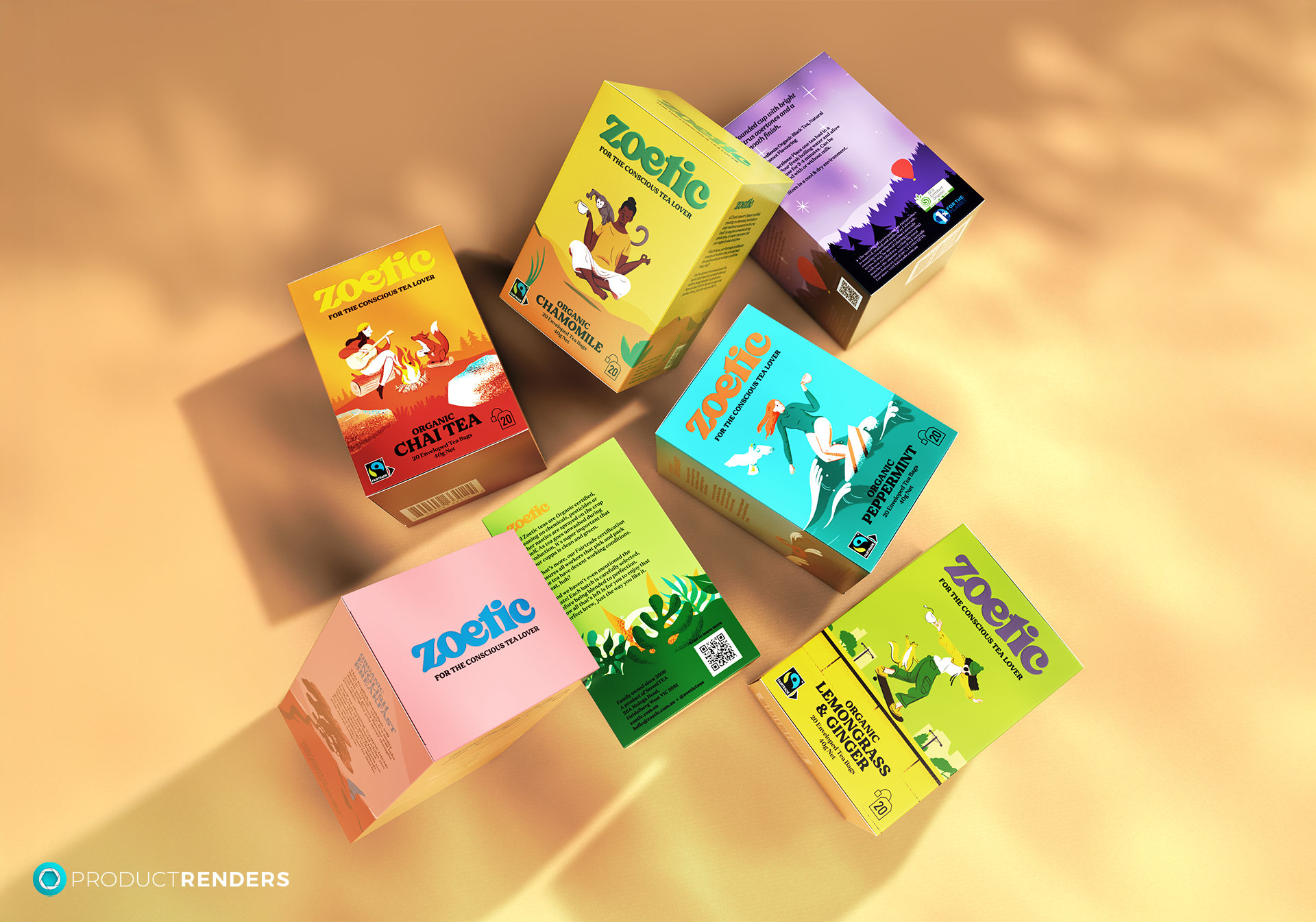 Seven colourful Toetic tea boxes with different flavours, including chamomile, chai tea, peppermint, lemongrass & ginger, and lavender & chamomile.