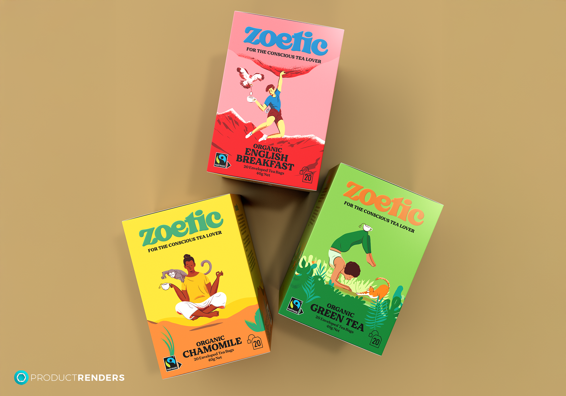 Three colourful Zoetic tea boxes with different flavours: English Breakfast, Chamomile, and Green Tea.