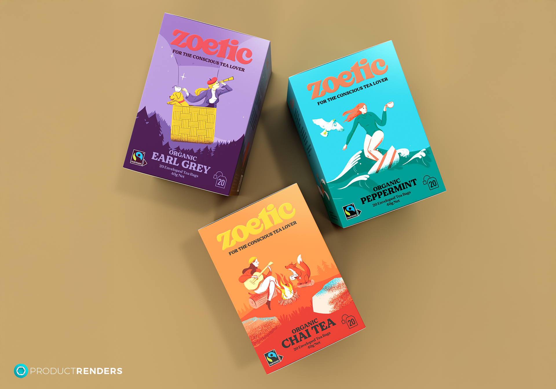 Three colourful Zoetic tea boxes with different flavours: Earl Grey, Peppermint, and Chai Tea.