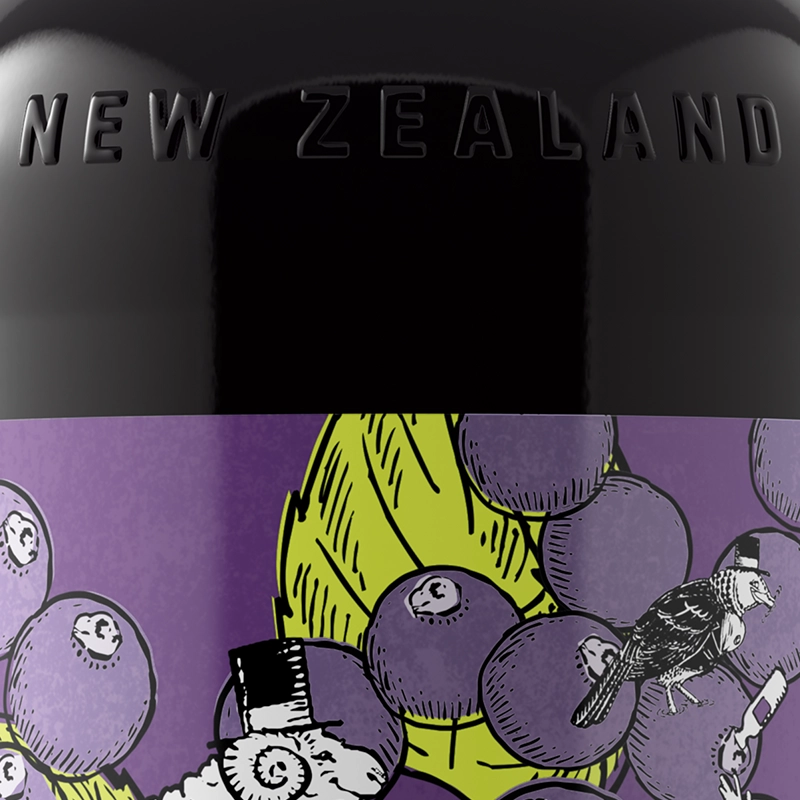 A close-up of a black bottle with a purple label showing illustrations of blueberries and a bird. The word "NEW ZEALAND" is embossed on the top.