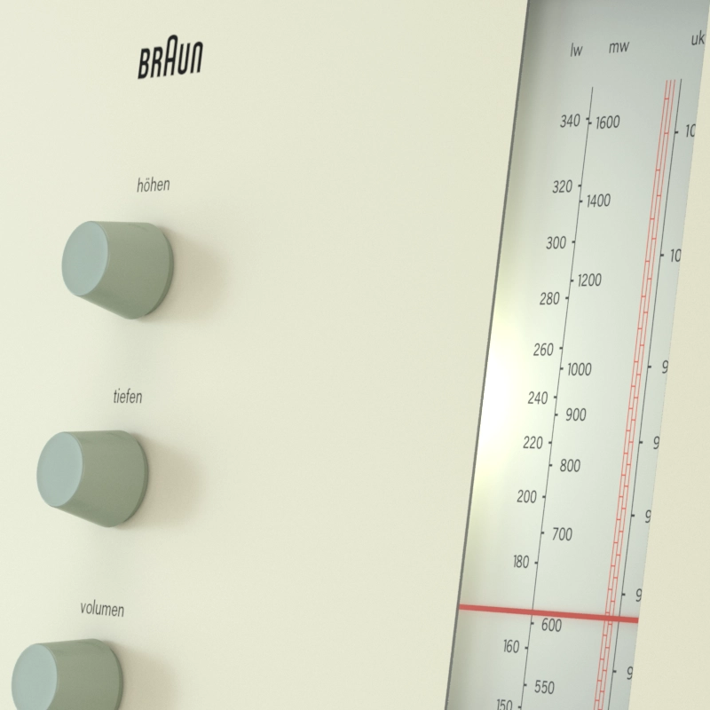 Closeup of a vintage Braun RT20 radio with a white front panel and various knobs and dials.