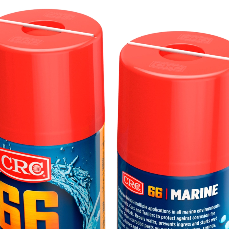 Closeup of two red spray cans of CRC 66 Marine, one with a blue label and the other showing a back of the can.