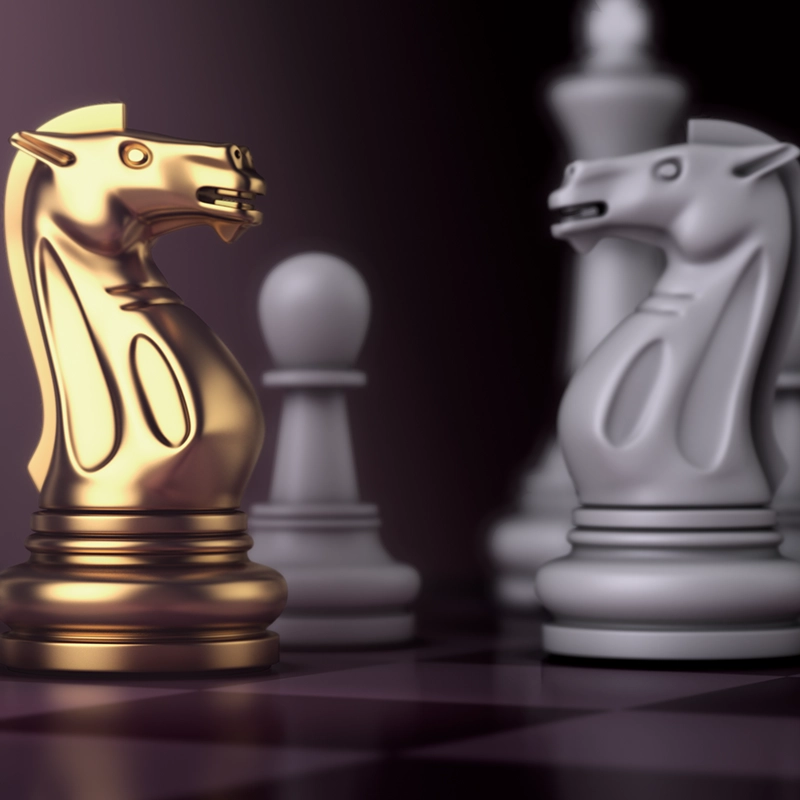 A golden chess knight stands out amongst other white chess pieces on a dark chessboard.