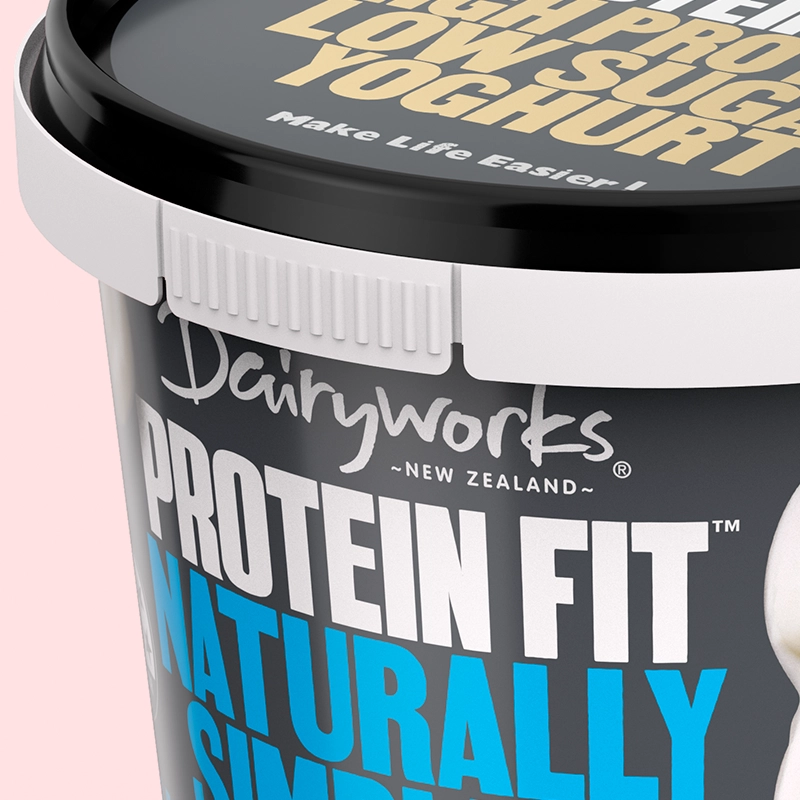 Closeup of a tub of Dairyworks Protein Fit Naturally Simple & Unsweetened low-sugar yoghurt.