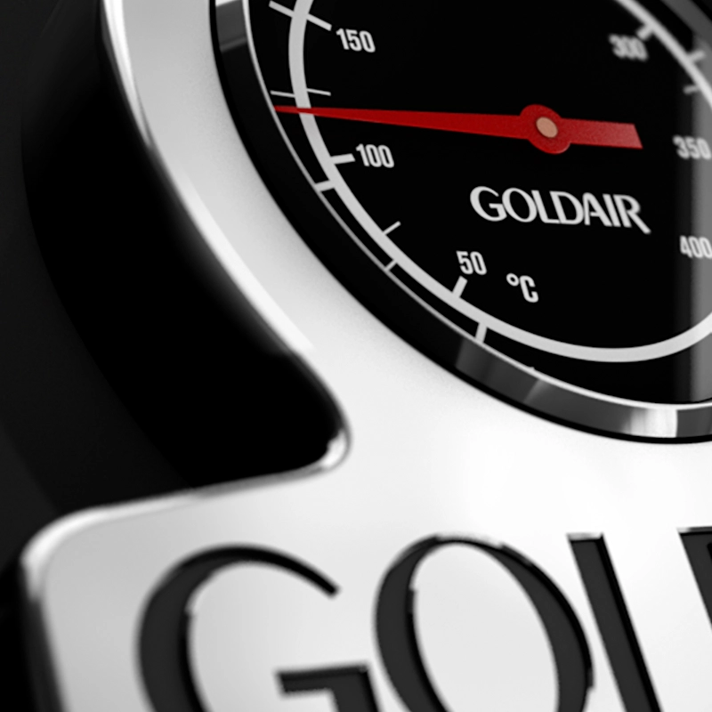 A silver GoldAir logo and temperature gauge with a red needle.