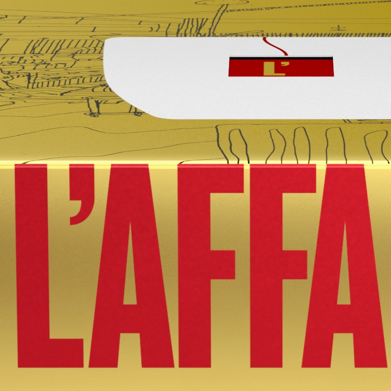 A cardboard box with the word "L'affare" written in red on a gold background.