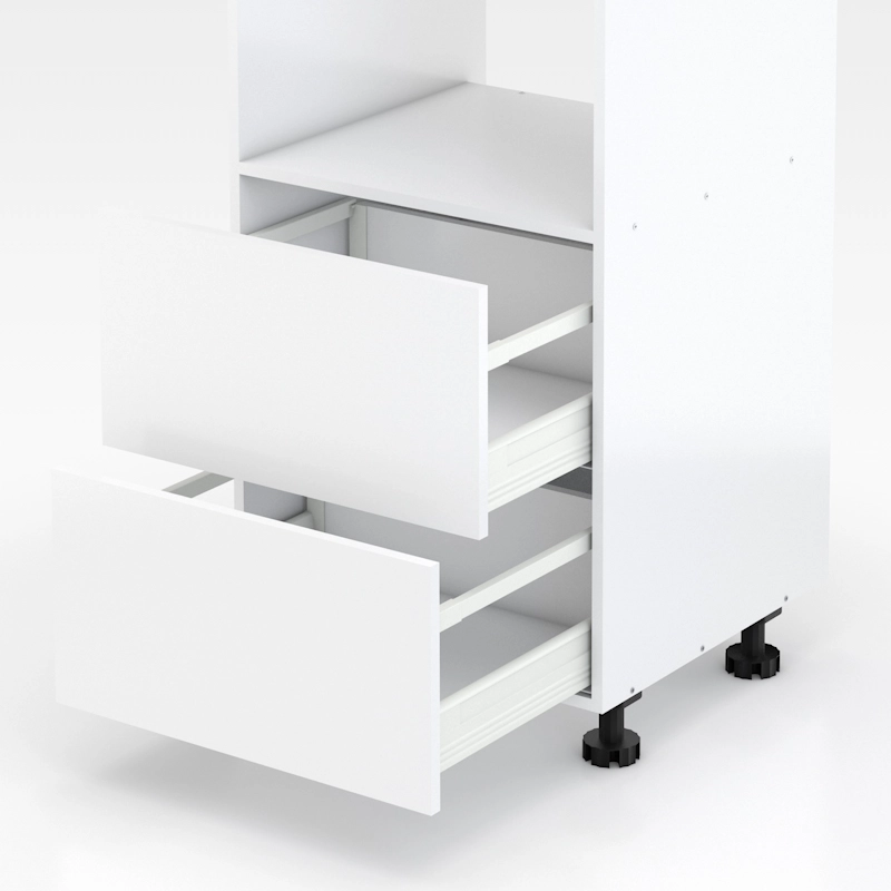 Closeup of white kitchen sink unit with two open drawers and a door revealing shelves.