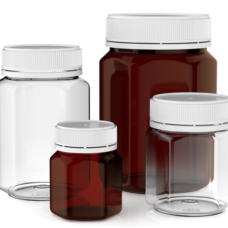 Four plastic jars with white lids, two clear and two brown, arranged on a white background.