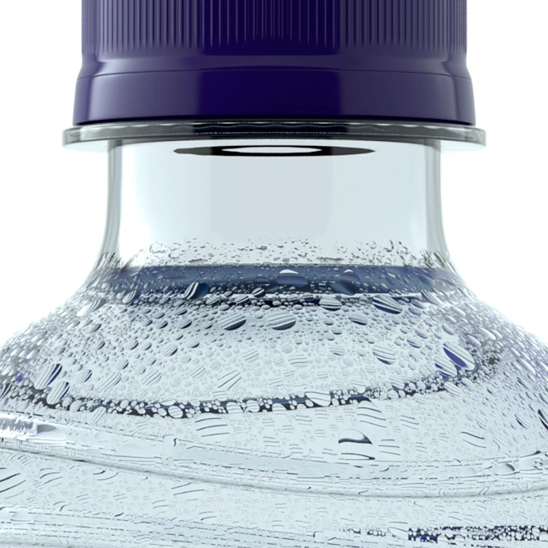 A close-up of a plastic water bottle with a purple cap and condensation on the sides.