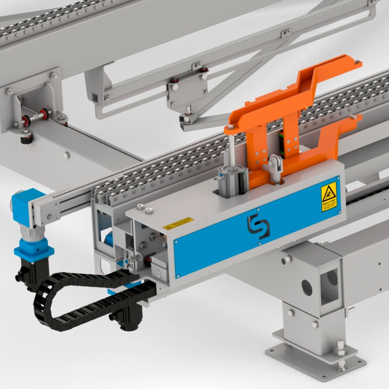 Closeup of a large Spida machine with a long conveyor belt and multiple components, including a finishing roller.