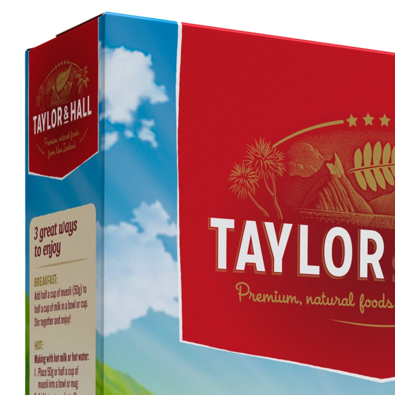 A close-up of the Taylor & Hall logo and branding on a red background, with text about how to enjoy the product.