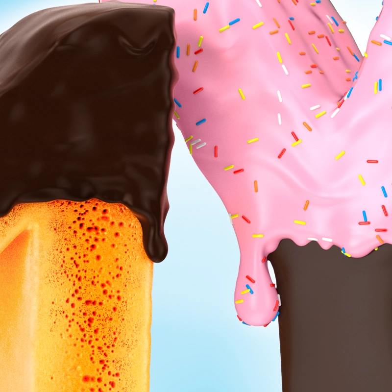 Two ice creams: one chocolate-dipped with a waffle cone, the other pink with sprinkles and a wafer cone, melting against a blue background.