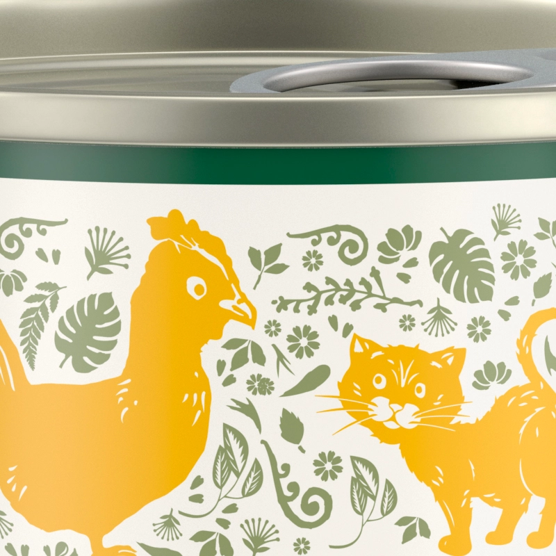 A close-up of a cat food can with a green lid and a colourful design featuring a chicken and a cat.