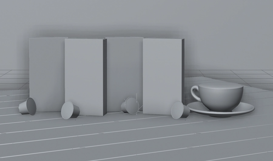 A grayscale image of four boxes of coffee capsules and a cup on a table.