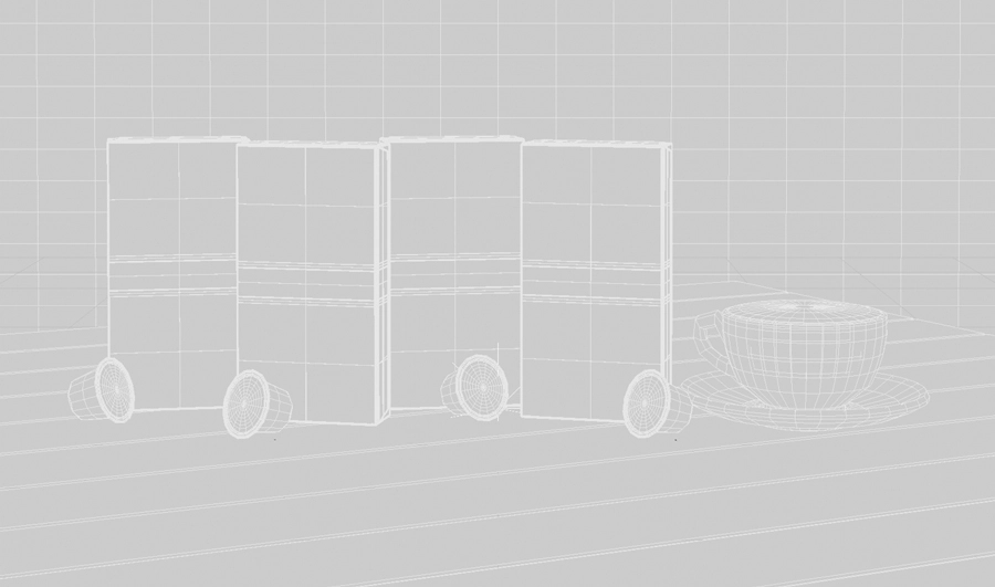 A wireframe image of four boxes of coffee capsules and a cup on a table.