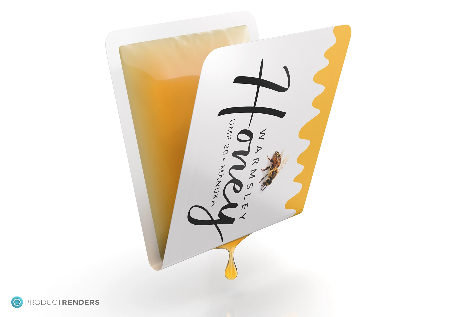 A render of a Honey Snap bent into its open position with honey droplet coming out of the bottom