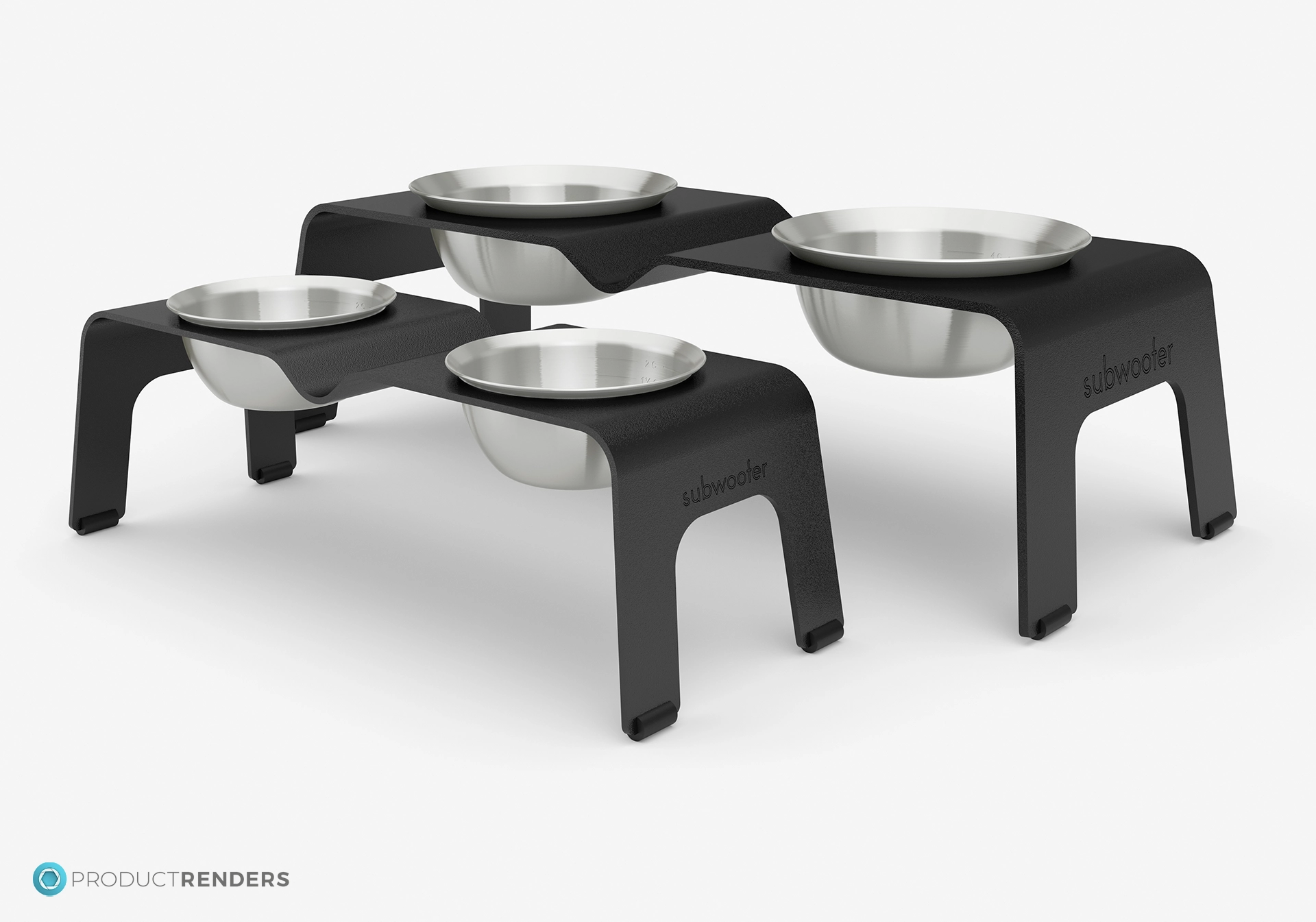Two Subwoofer Ōhope elevated dog bowls in black showing the size comparison