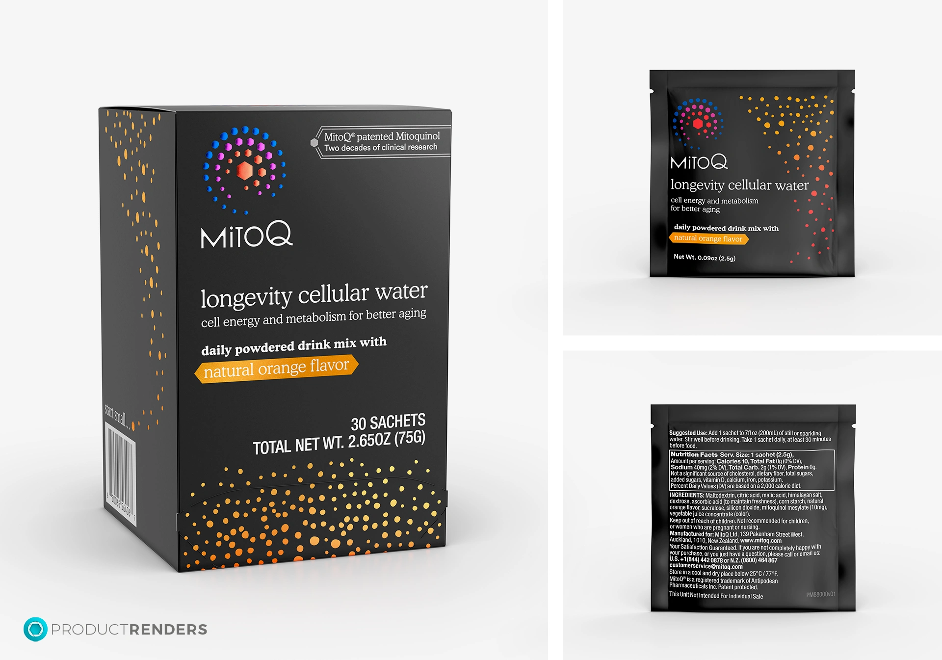 A render of the MitoQ Longevity cellular warter retail box and sachets.