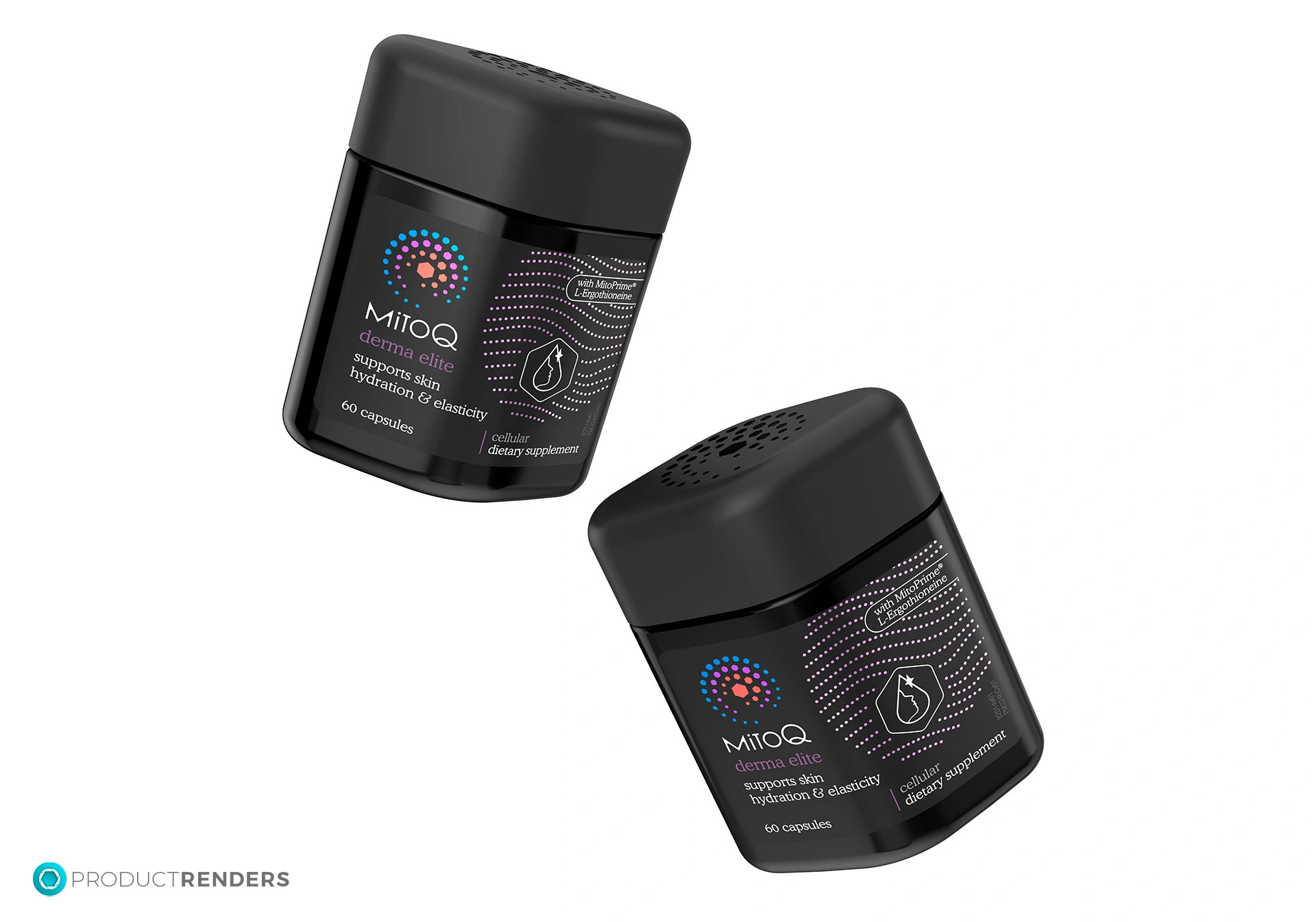 A render of two MitoQ Derma Elite capsule bottles.