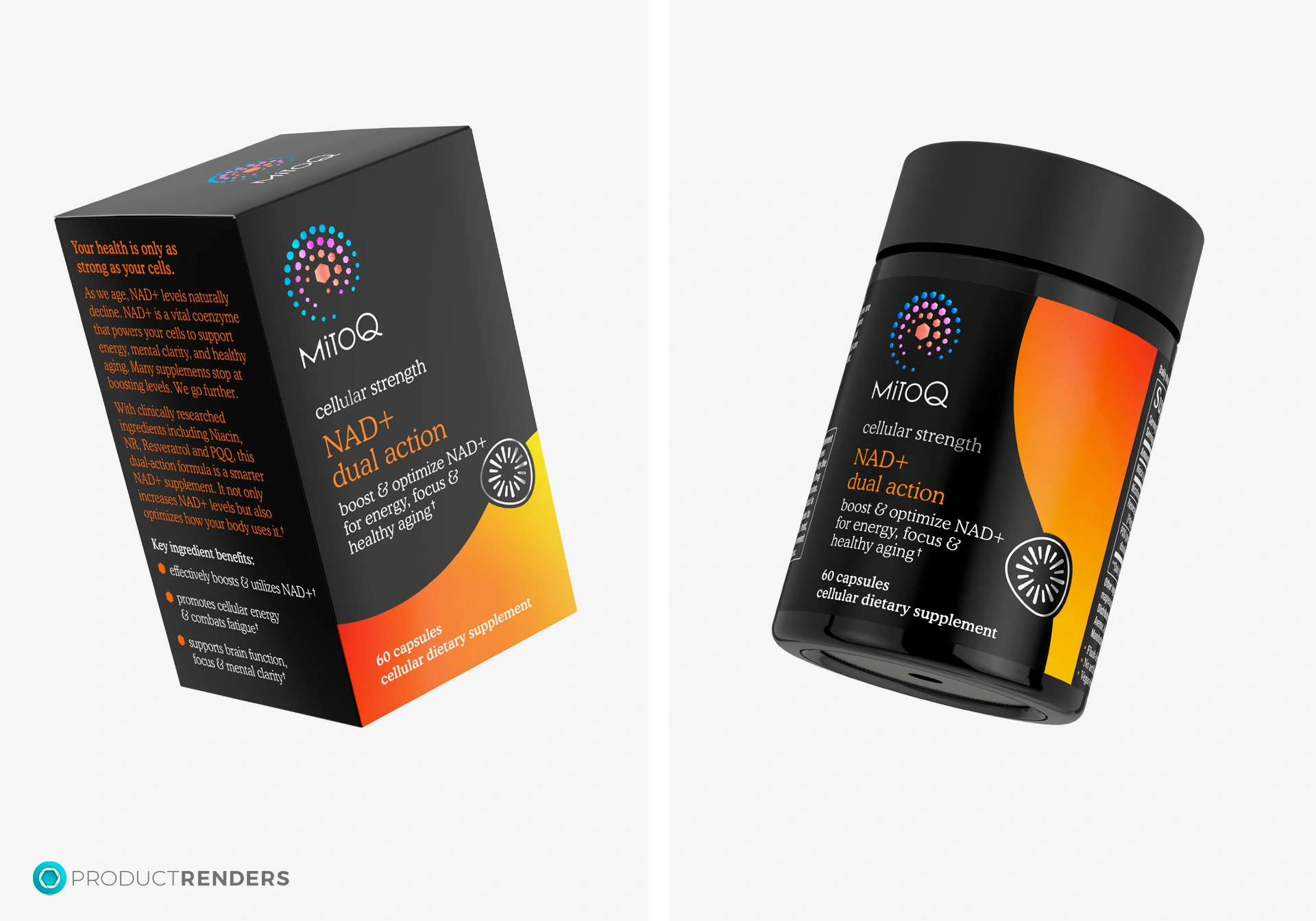 Two renders of MitoQ's NAD+ Dual Action bottle and box.