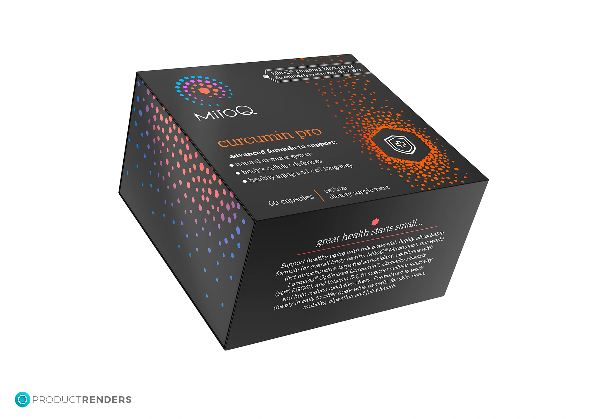 A single render of the MitoQ Curcumin Pro retail box.