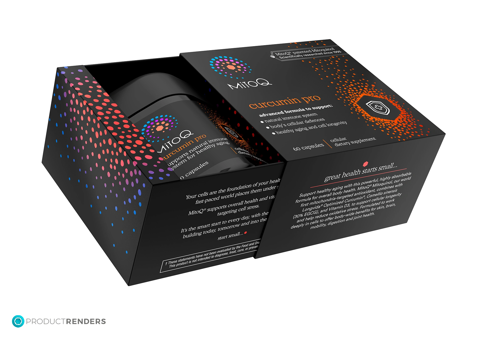 A single render of a open retail box of MitoQ Curcumin Pro.