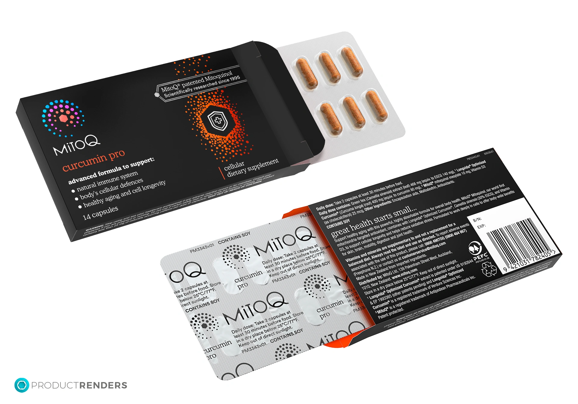 Four renders of the MitoQ Curcumin Pro blister strip inside the retail box.