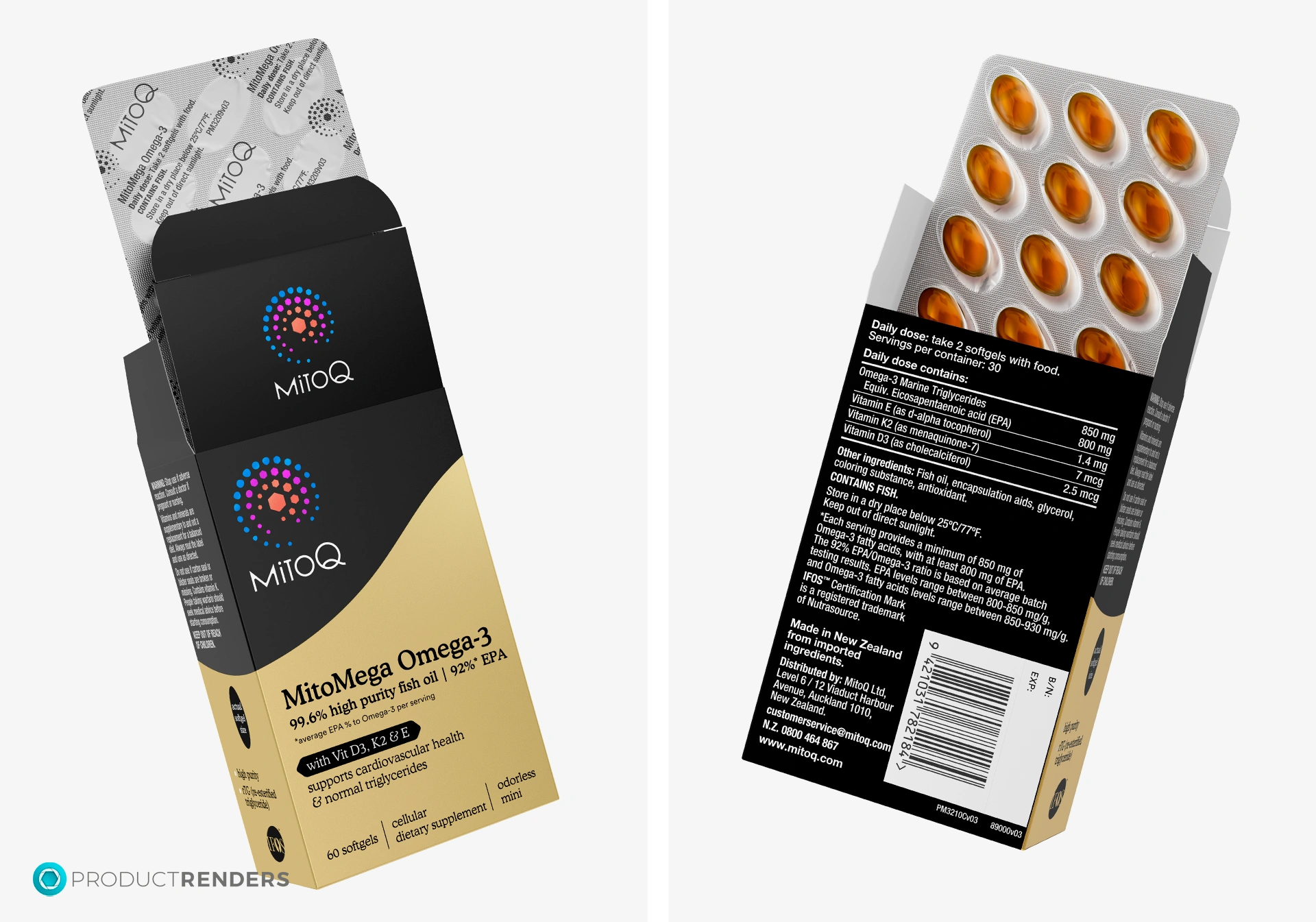 Two renders of the MitoQ MitoMega Omega-3 capsule blister strip inside the retail box.