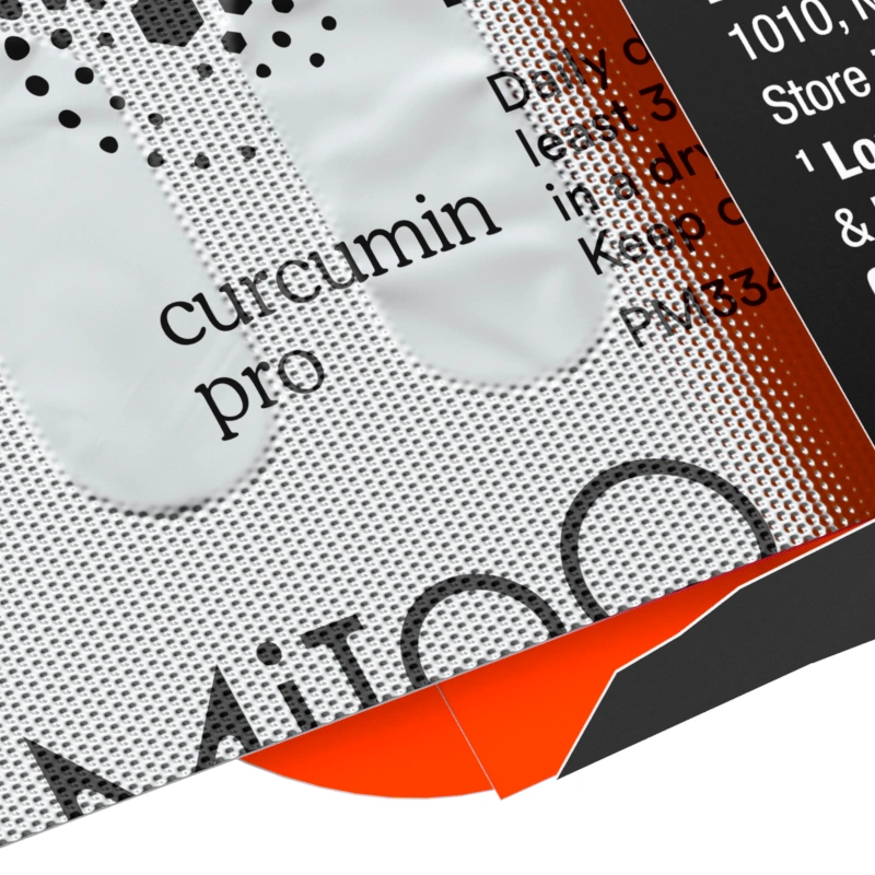 A close-up preview render of the MitoQ blister tray and cardboard box.