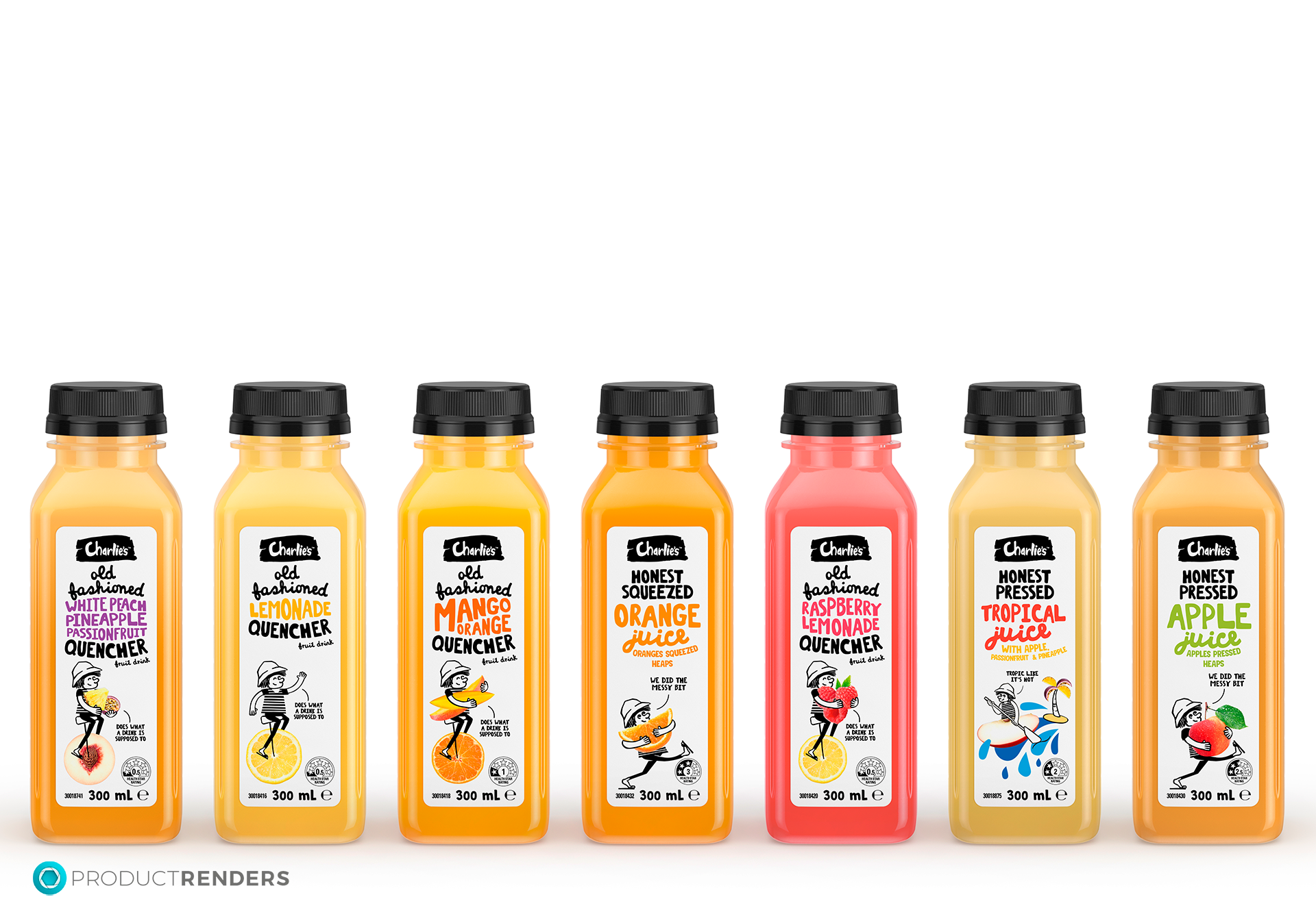 Full range of 300mL Charlie's juice bottles.