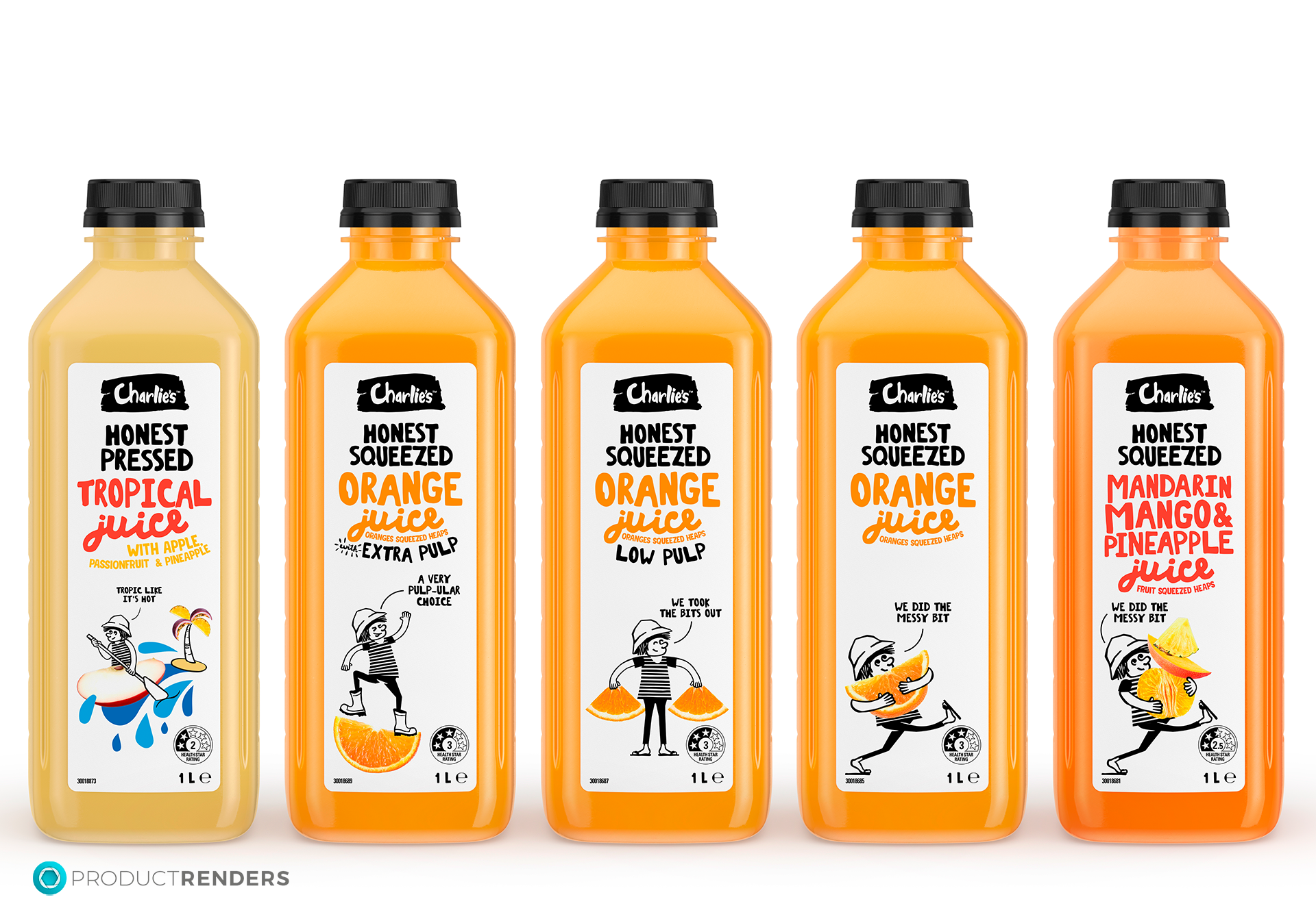 Full range of 1L Charlie's juice bottles.
