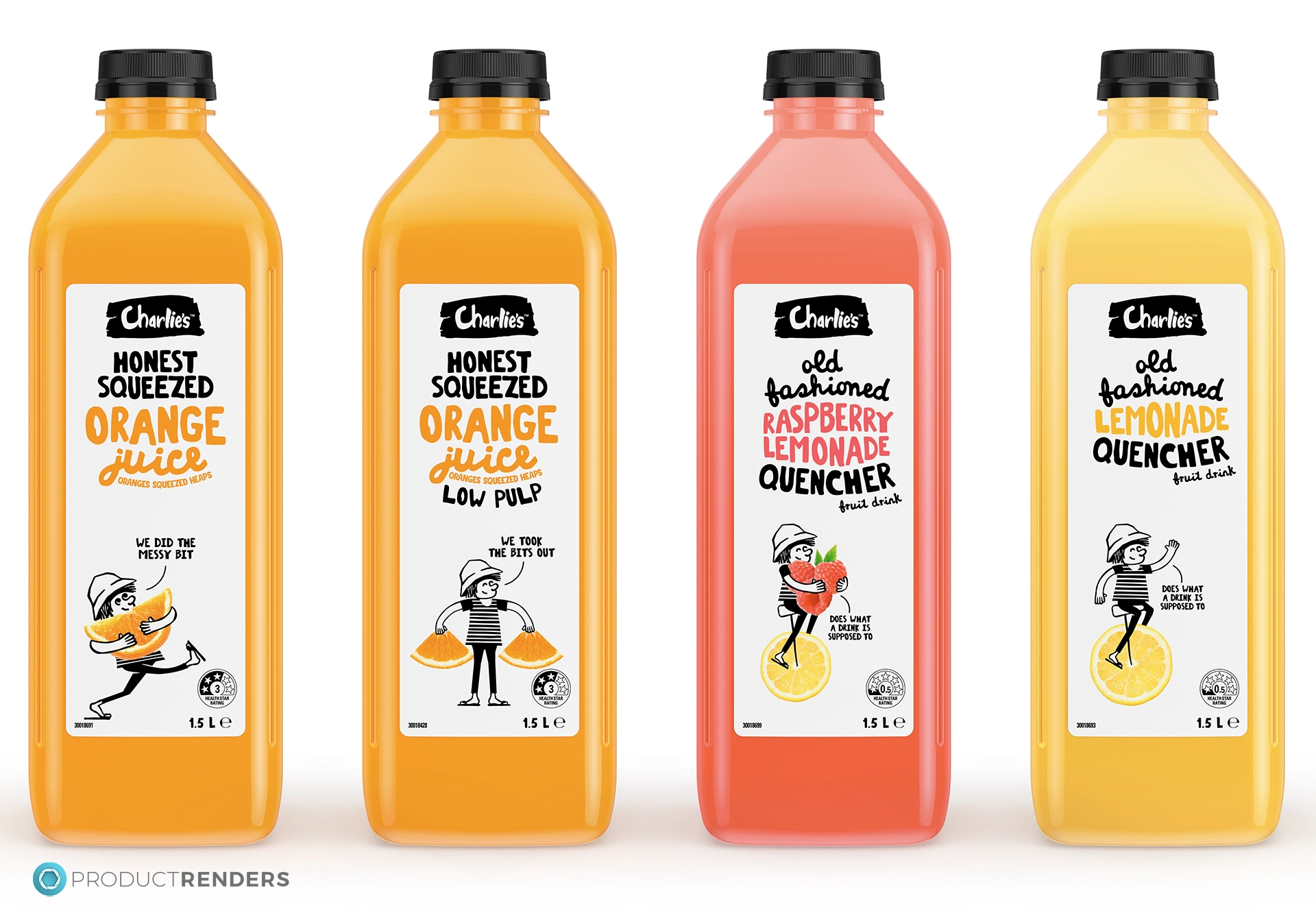 Part one of the full range of 1.5L Charlie's juice bottles.