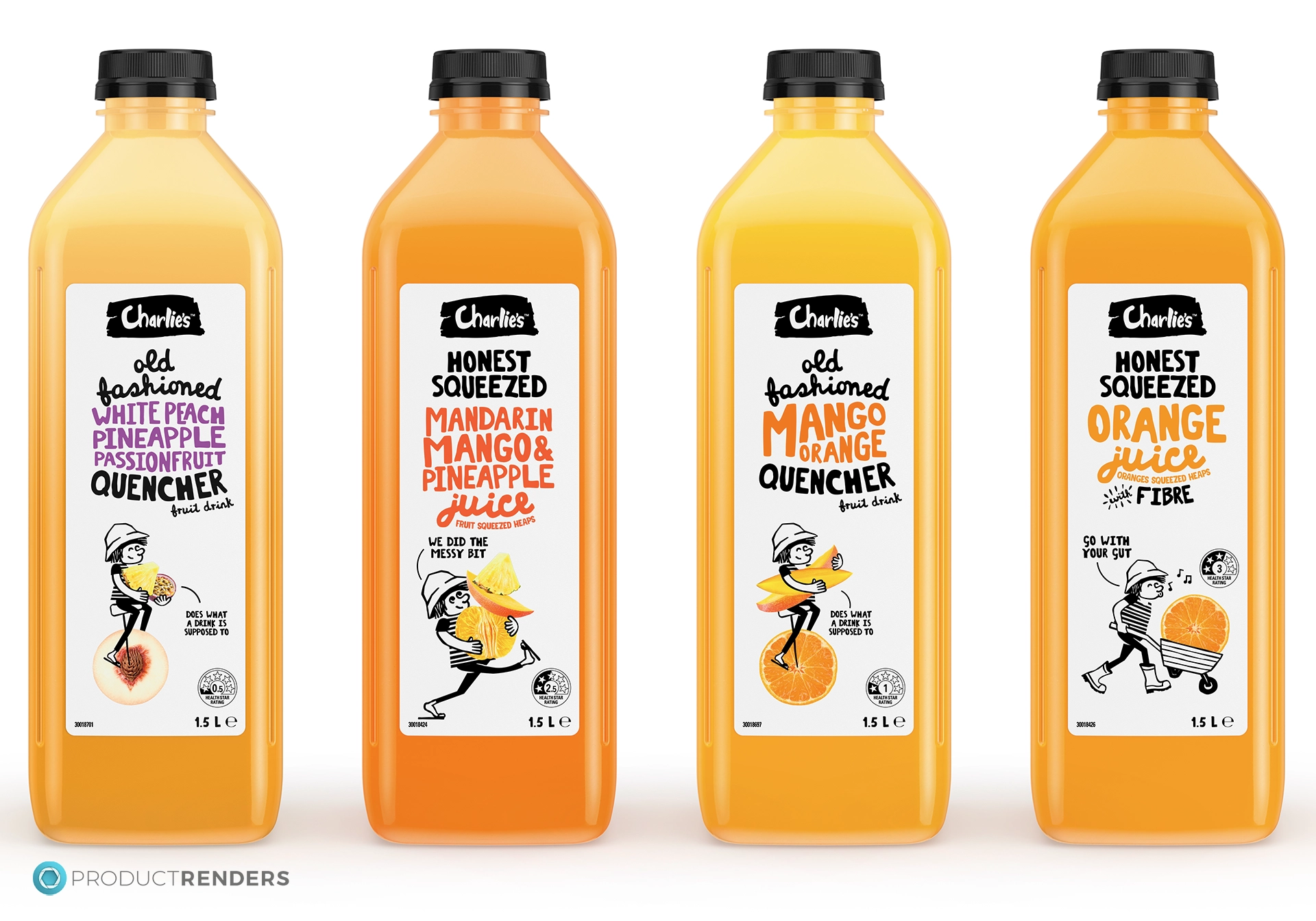 Part two of the full range of 1.5L Charlie's juice bottles.