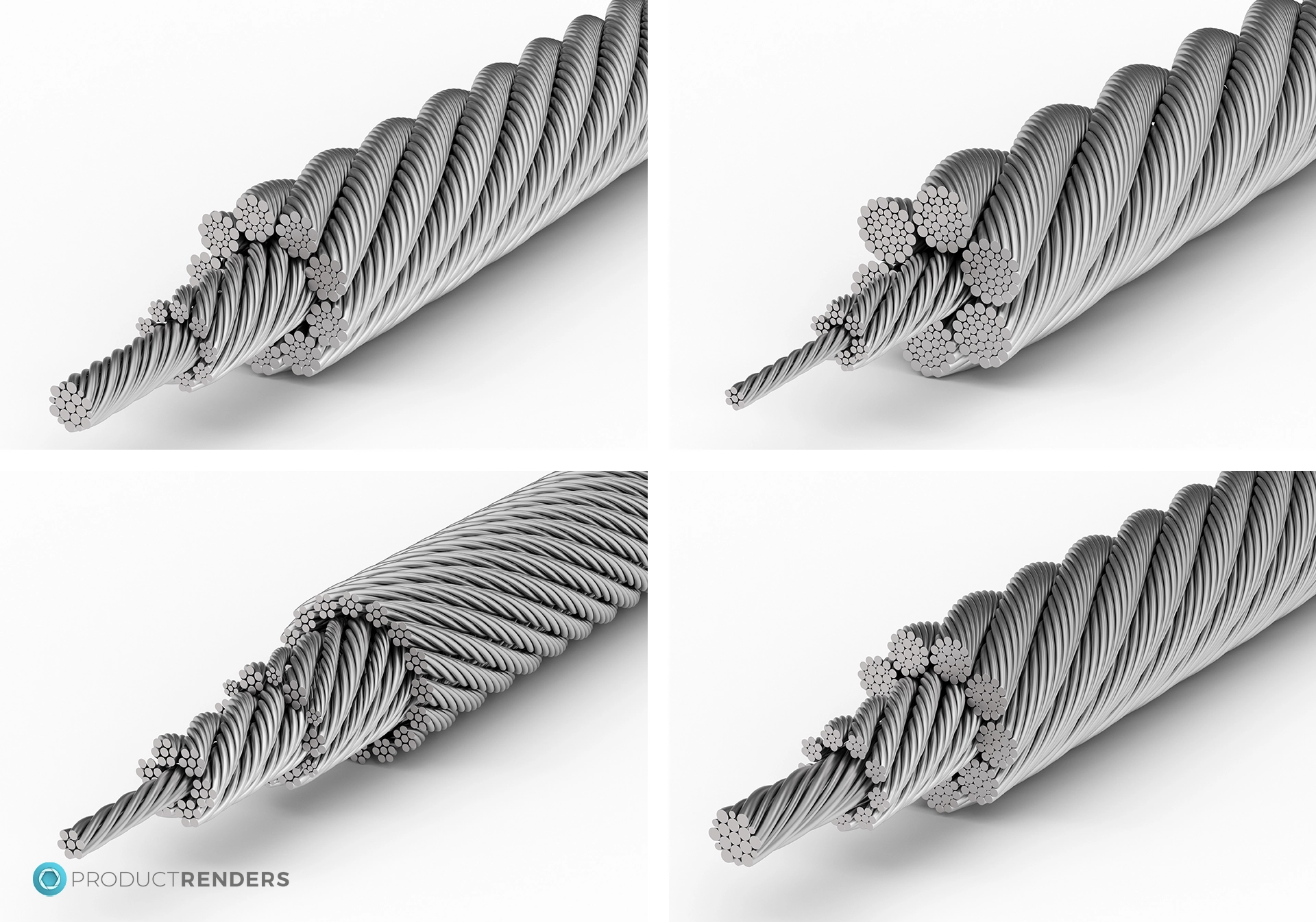 Four 3D renders of specialist wire ropes made by Tianjin Goldsun Wire Rope company.