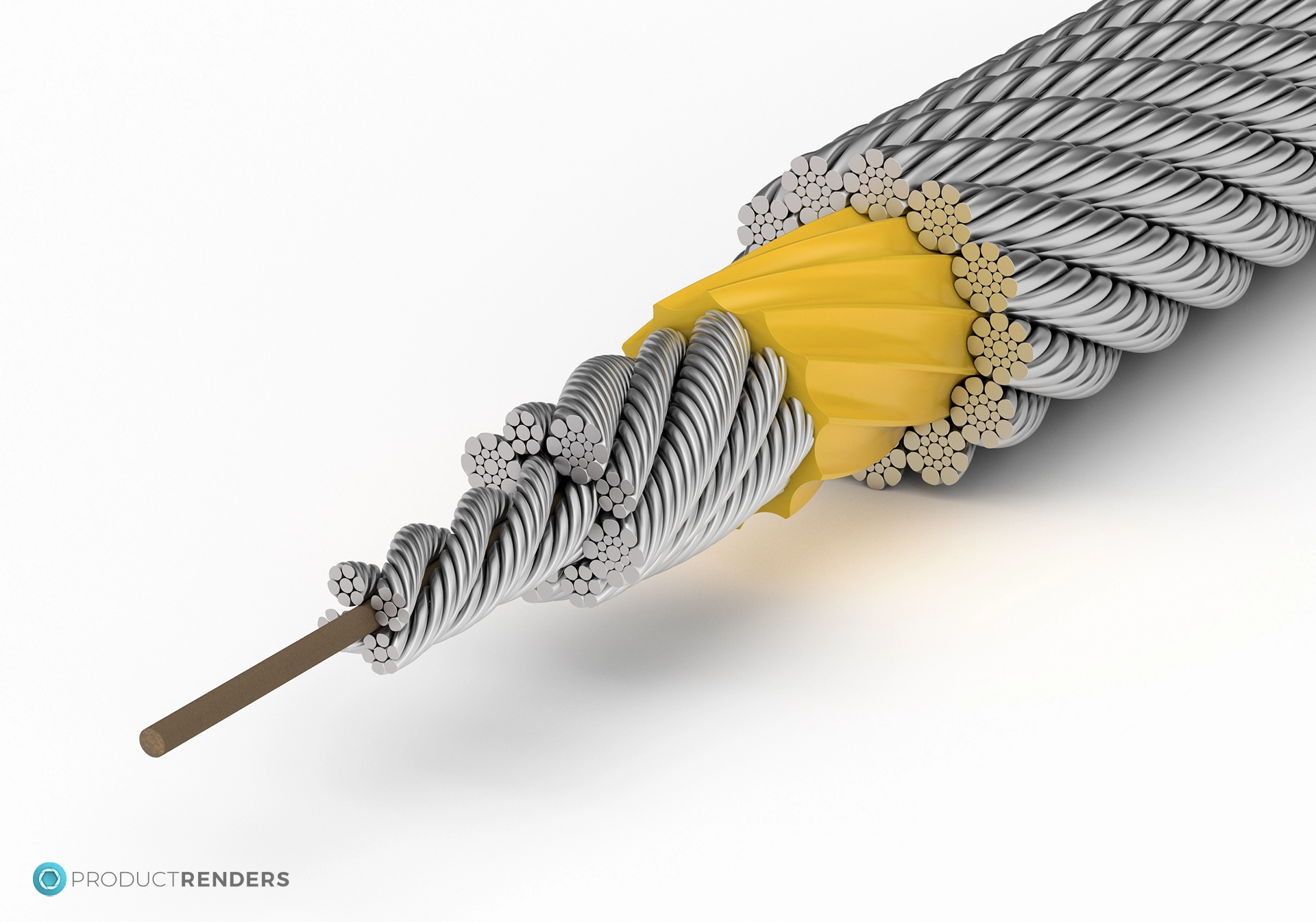 A single large 3D render of specialist wire rope made by Tianjin Goldsun Wire Rope company with a inner plastic core.