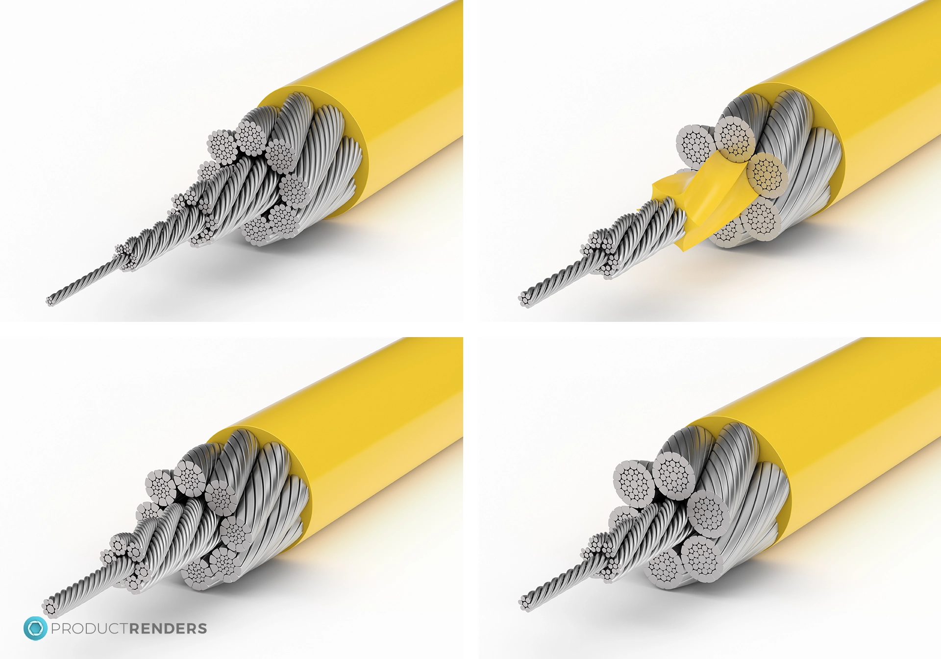 Four 3D renders of specialist wire ropes made by Tianjin Goldsun Wire Rope company with inner plastic core and outside plastic waterproof coating.