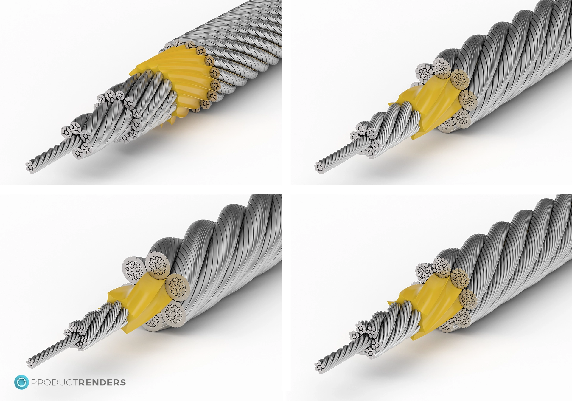 Four 3D renders of specialist wire ropes made by Tianjin Goldsun Wire Rope company with inner plastic core.