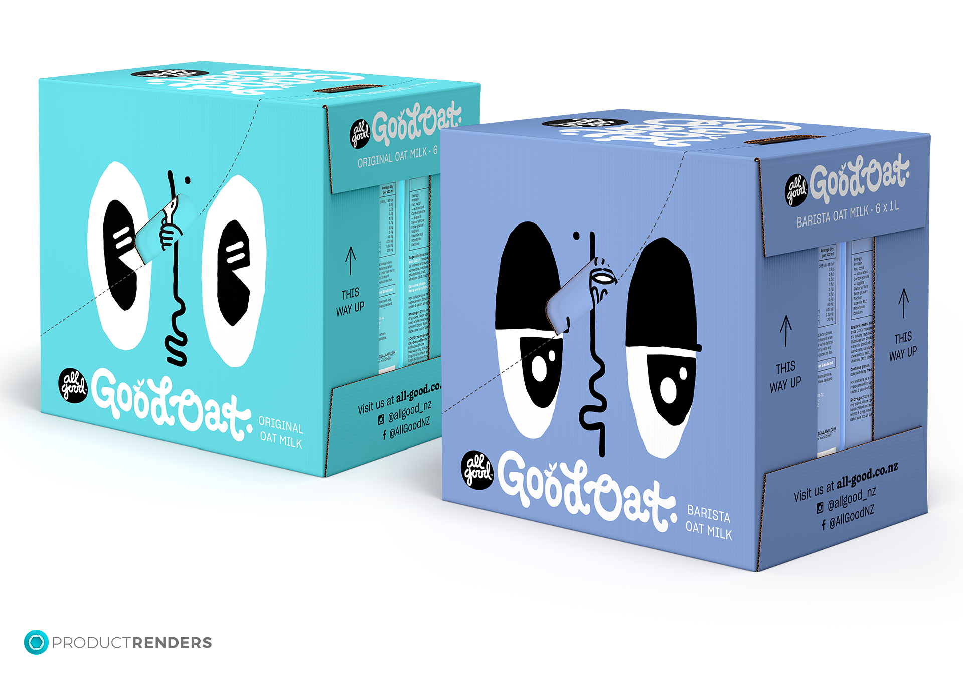 Two shipping cartons of All Good Good Barista Oat Milk with a friendly cartoon face and the words "New Zealand Made" and "Soy Free".